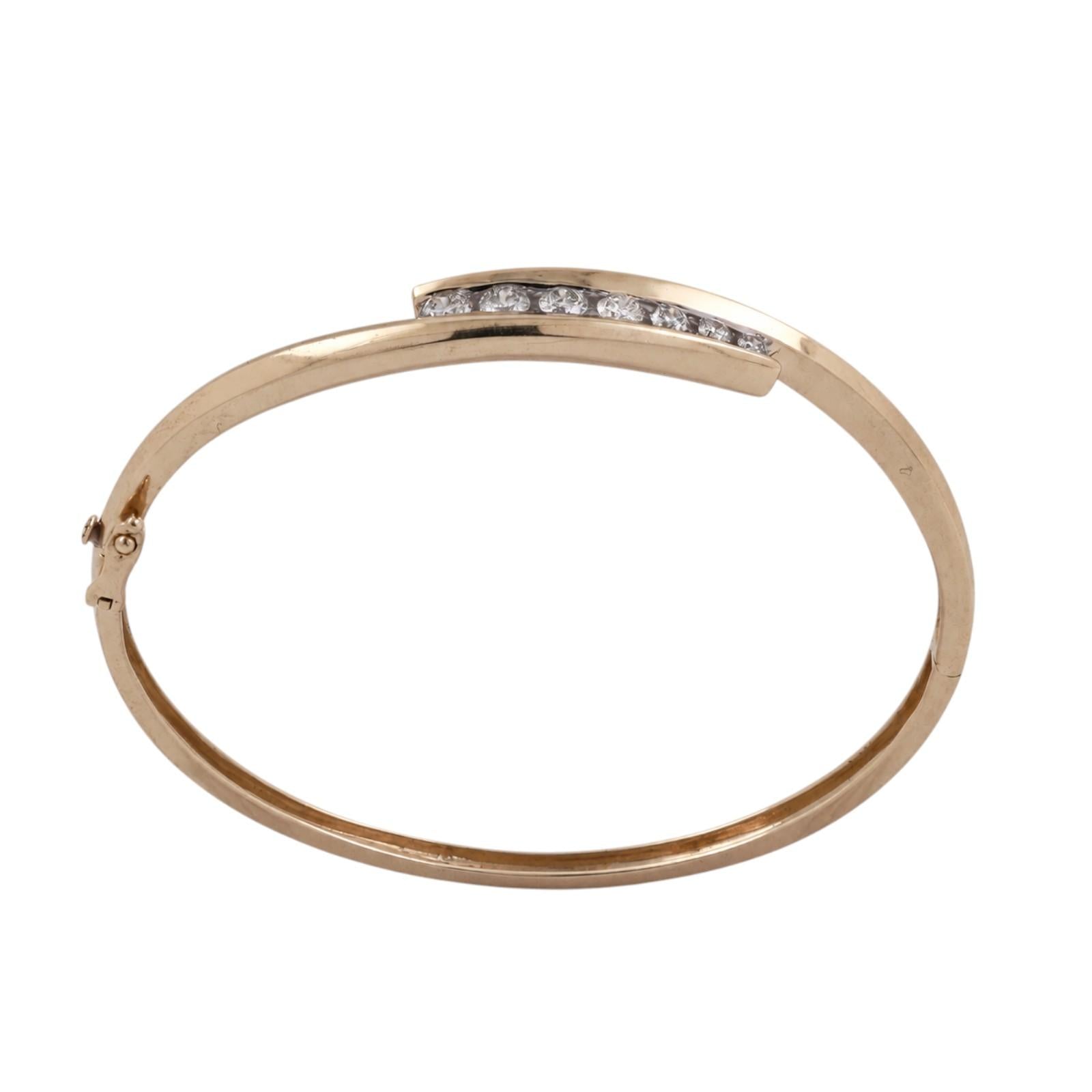 14K Two Tone Gold 1.00CTW Diamond Bypass Hinged Bangle Bracelet 6.75"