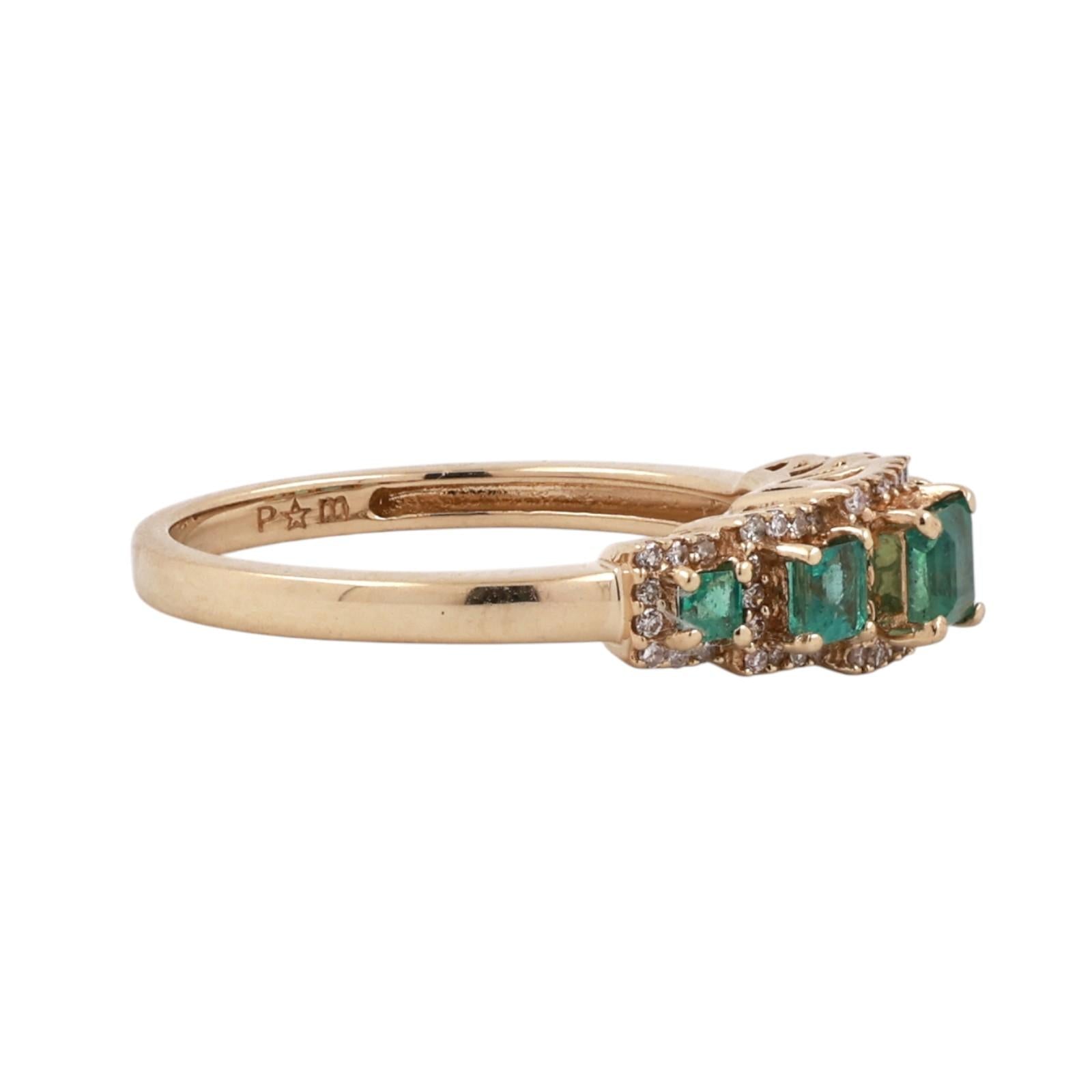 14K Yellow Gold 0.78CTW Princess Emerald Diamond Halo 5 Stone Ring Size 7.25