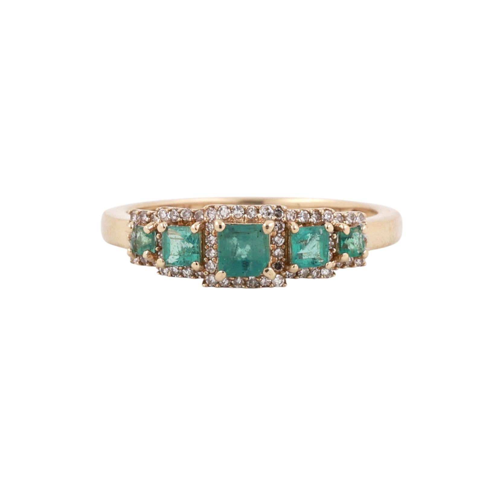 14K Yellow Gold 0.78CTW Princess Emerald Diamond Halo 5 Stone Ring Size 7.25