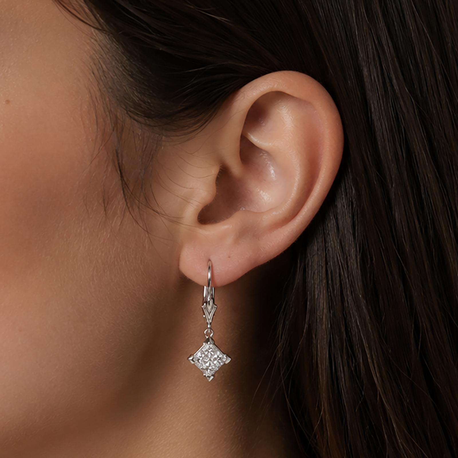 14K White Gold 1.20CTW Princess Cut Diamond Dangle Lever Back Earrings
