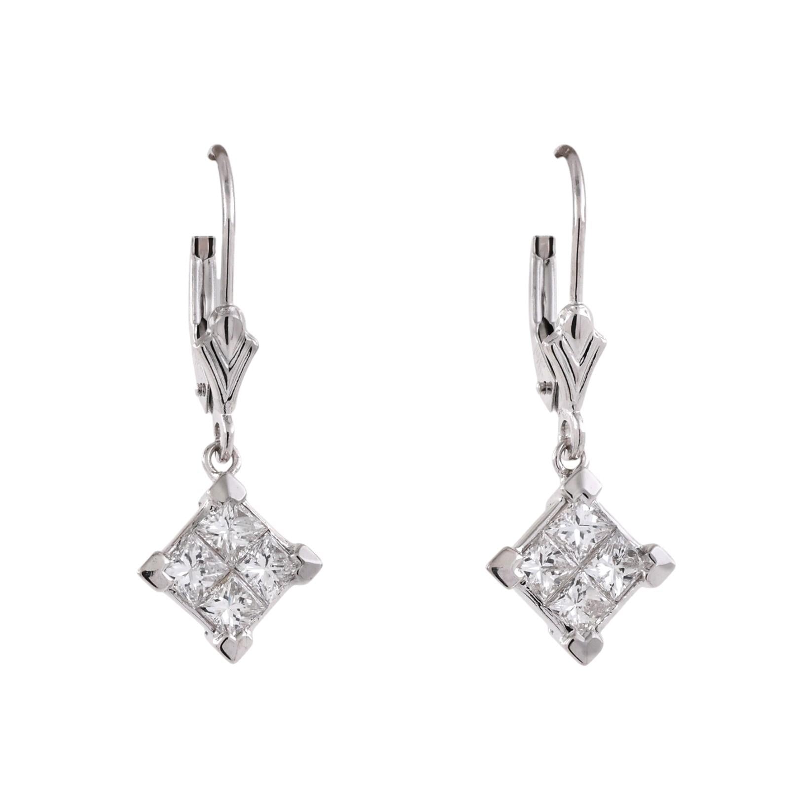 14K White Gold 1.20CTW Princess Cut Diamond Dangle Lever Back Earrings