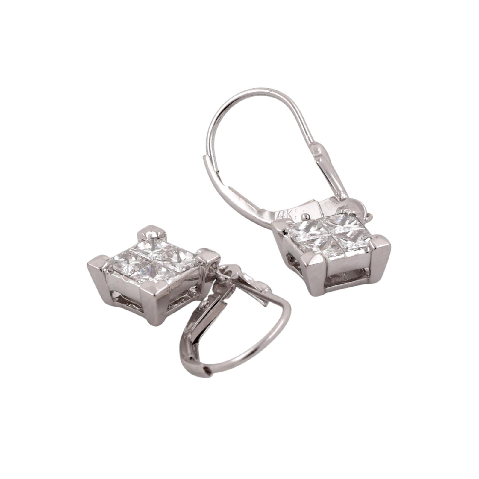 14K White Gold 1.20CTW Princess Cut Diamond Dangle Lever Back Earrings