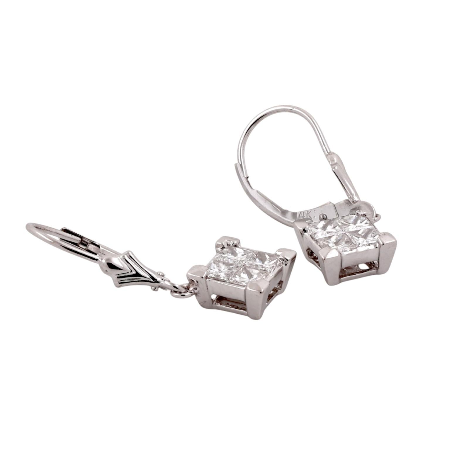 14K White Gold 1.20CTW Princess Cut Diamond Dangle Lever Back Earrings
