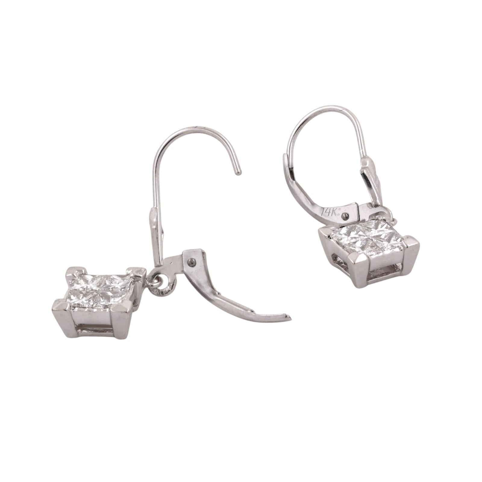 14K White Gold 1.20CTW Princess Cut Diamond Dangle Lever Back Earrings