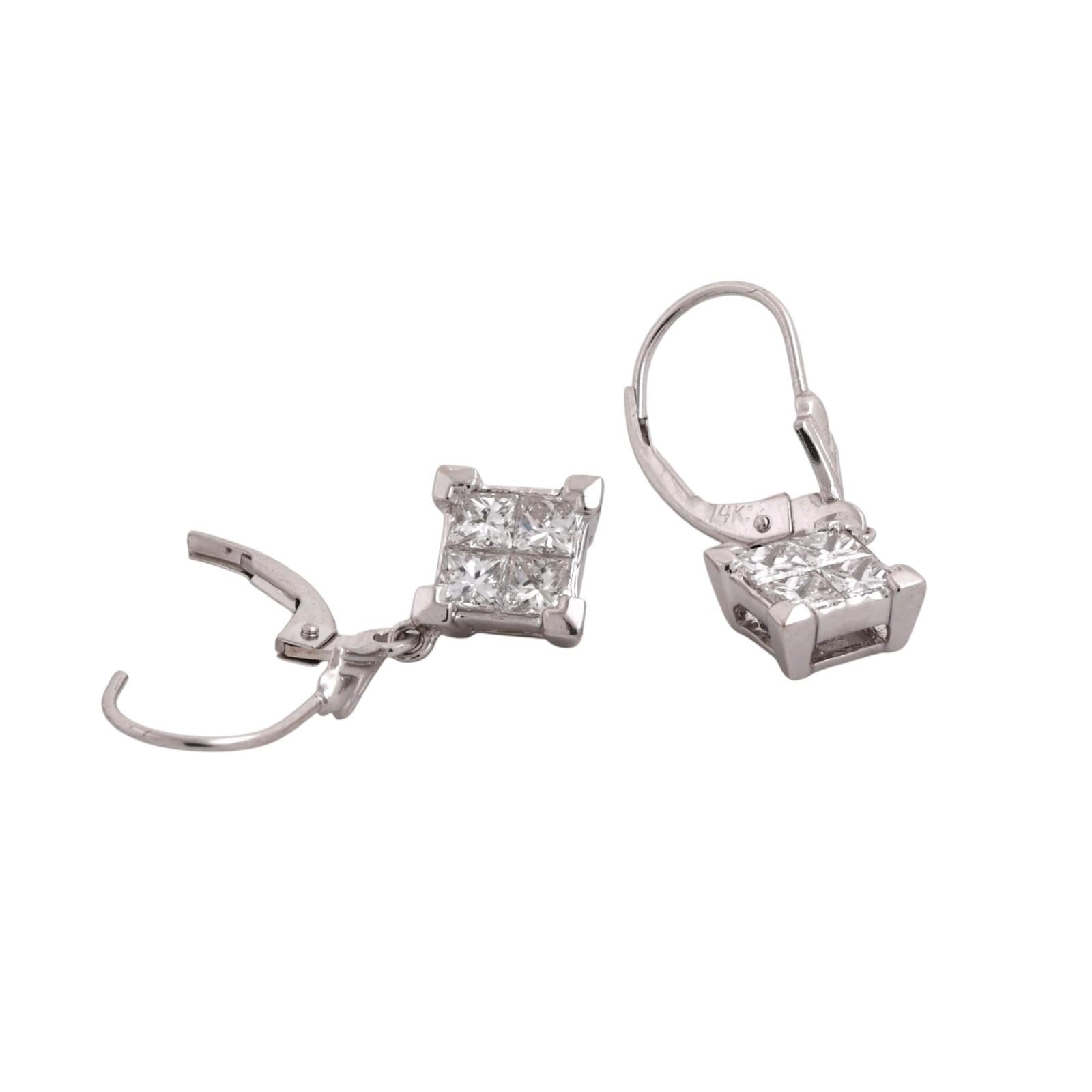 14K White Gold 1.20CTW Princess Cut Diamond Dangle Lever Back Earrings