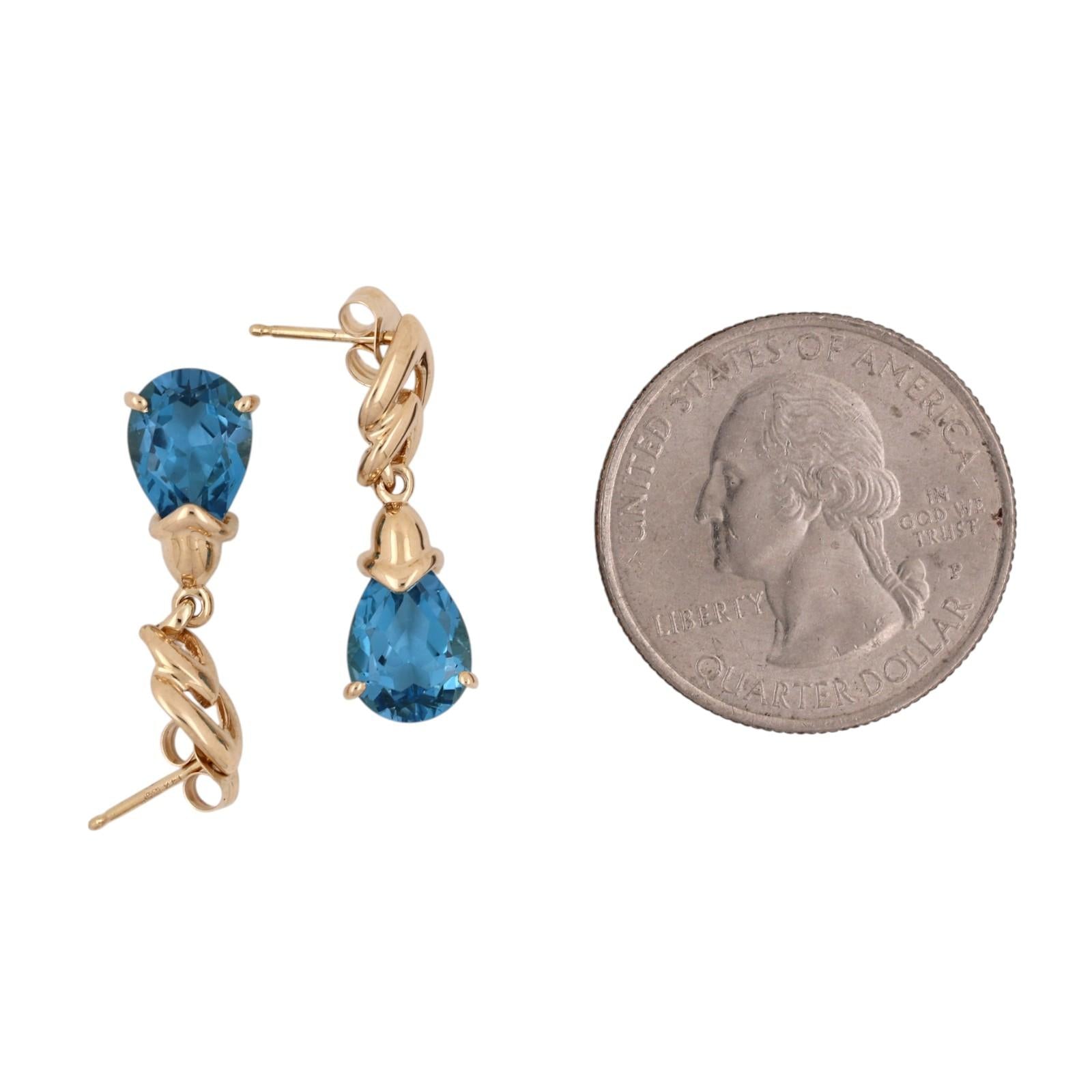 14K Gold Pear Blue Topaz Dangle Drop Earrings 4.70CTW Estate Teardrop Ladies