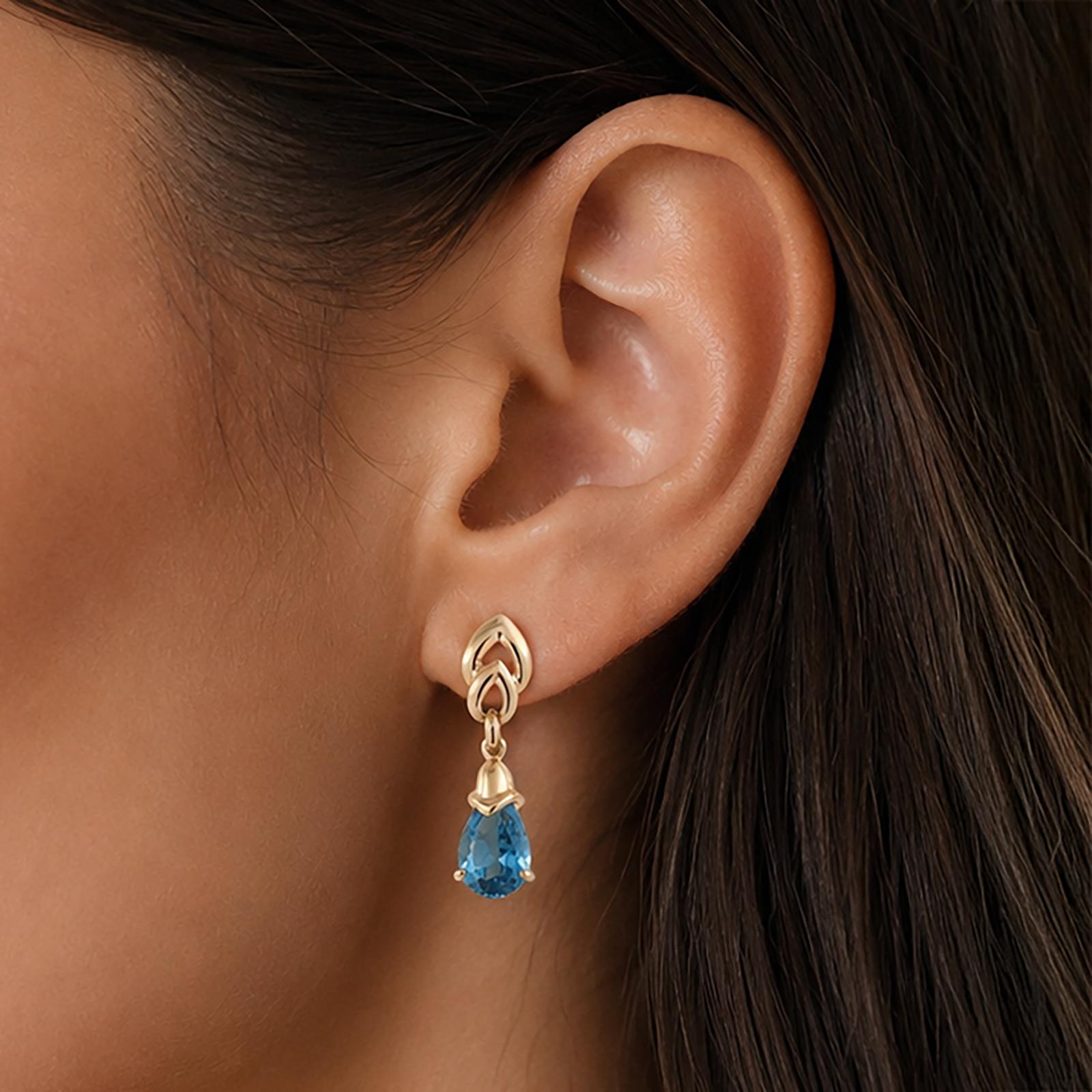14K Gold Pear Blue Topaz Dangle Drop Earrings 4.70CTW Estate Teardrop Ladies