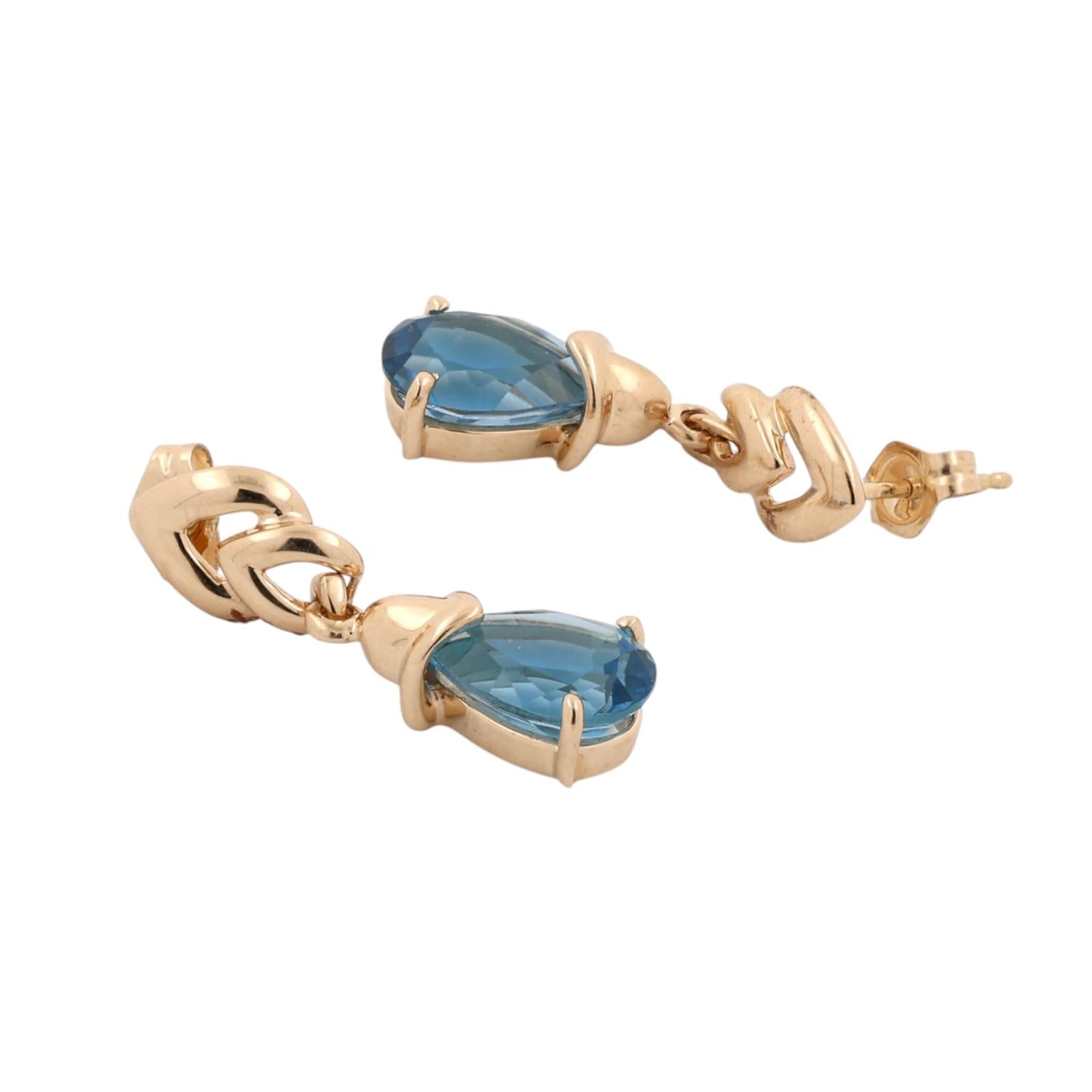 14K Gold Pear Blue Topaz Dangle Drop Earrings 4.70CTW Estate Teardrop Ladies