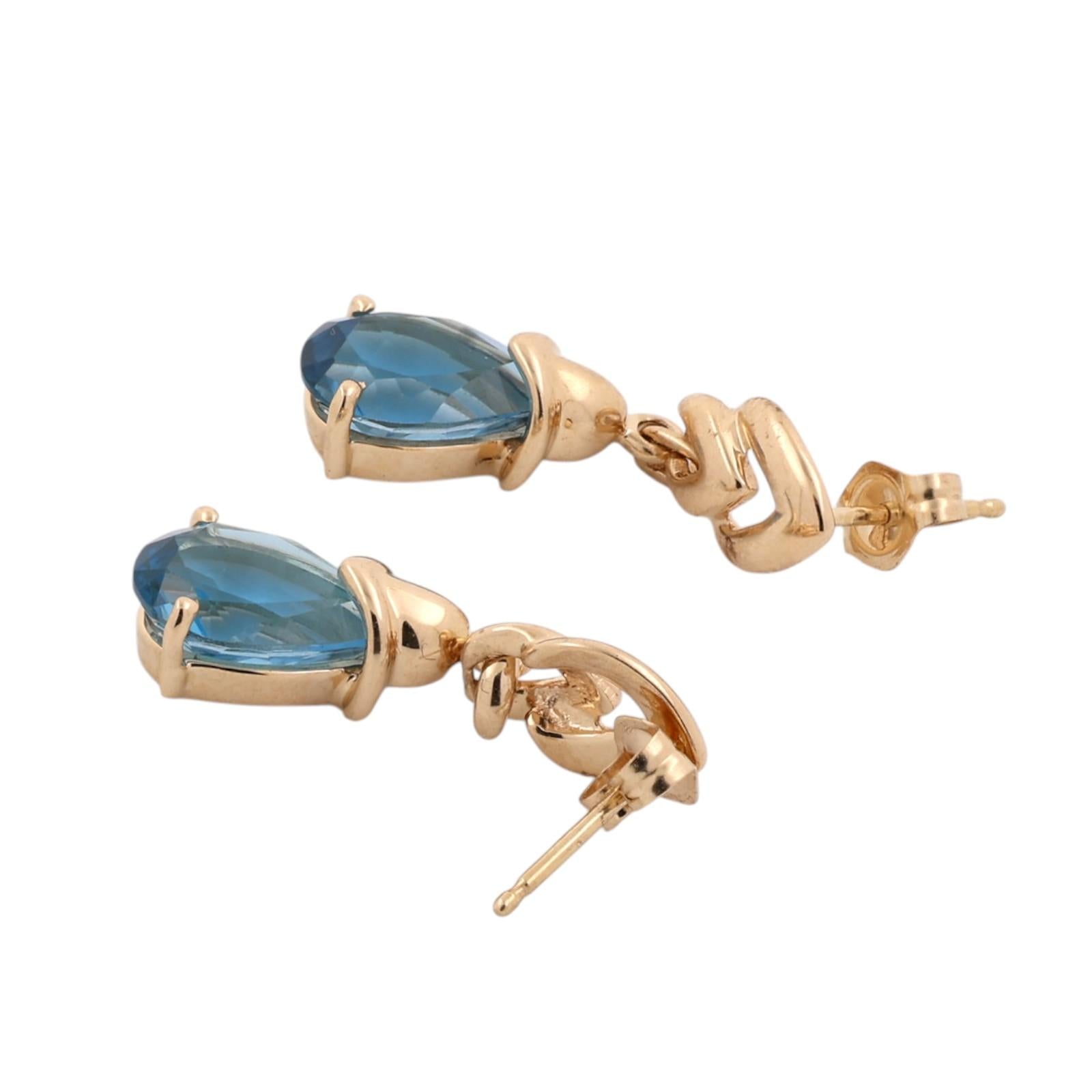 14K Gold Pear Blue Topaz Dangle Drop Earrings 4.70CTW Estate Teardrop Ladies