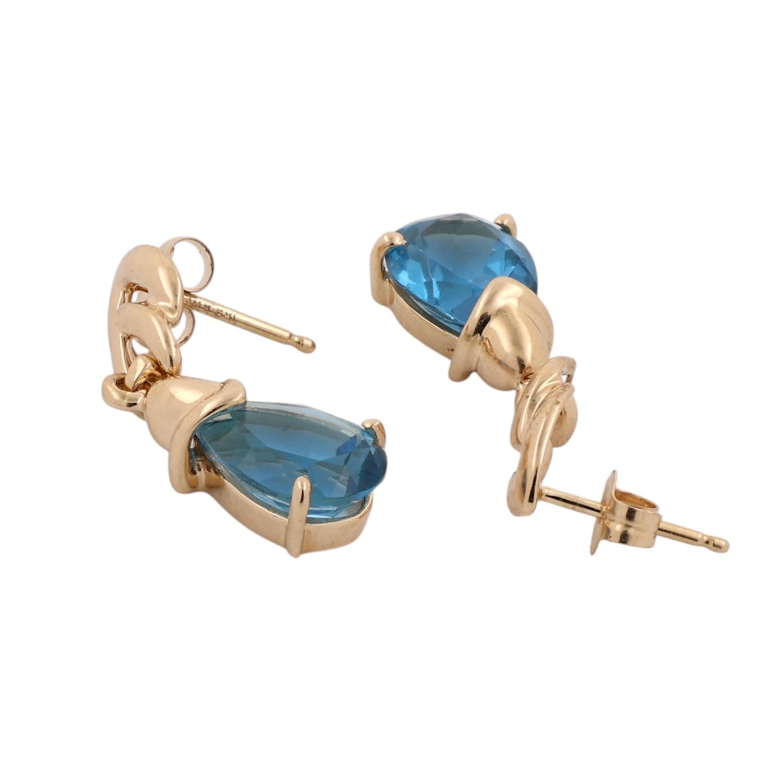 14K Gold Pear Blue Topaz Dangle Drop Earrings 4.70CTW Estate Teardrop Ladies
