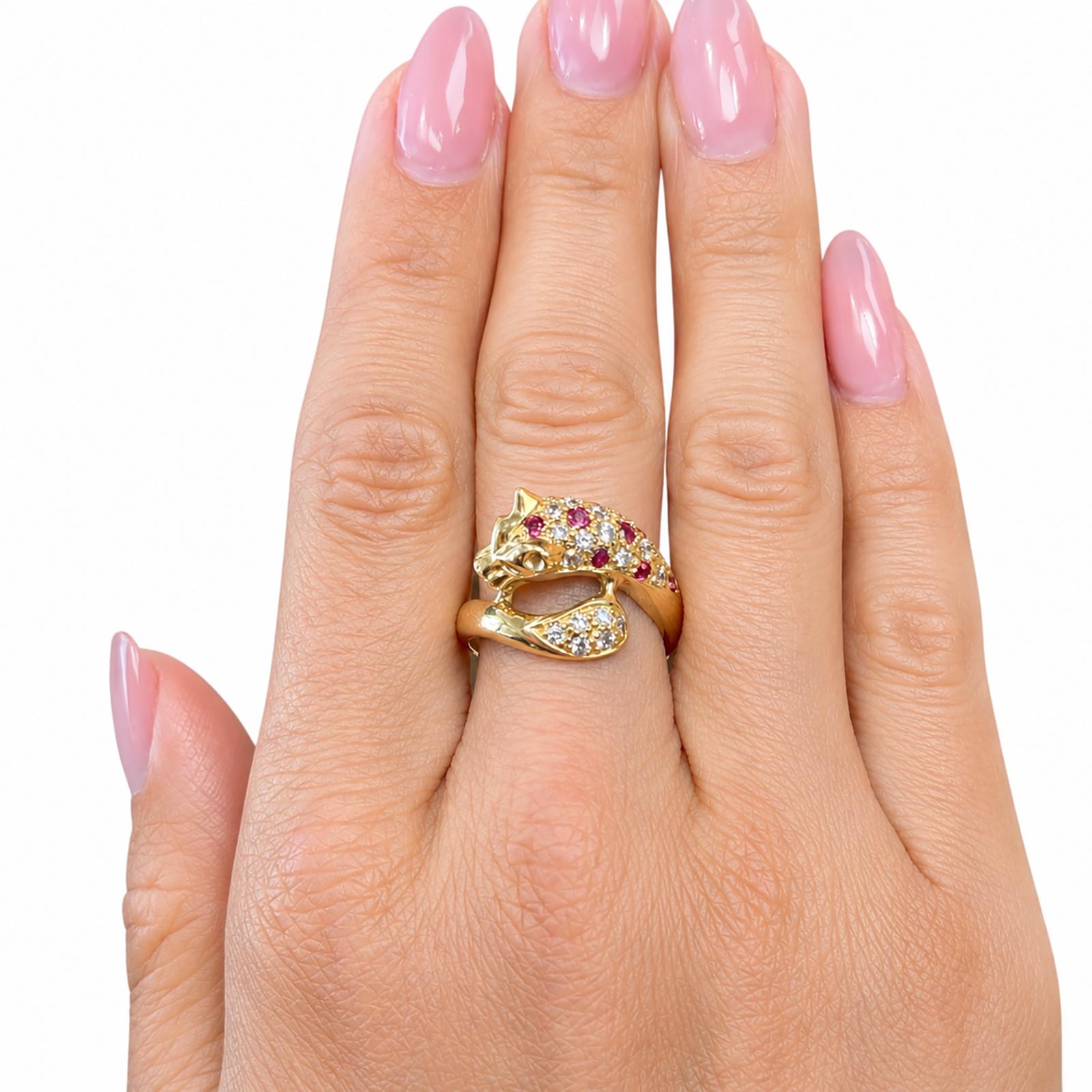 18K Gold Ruby Diamond Panther Ring 0.82CTW Leopard Cat Size 8.25 Estate
