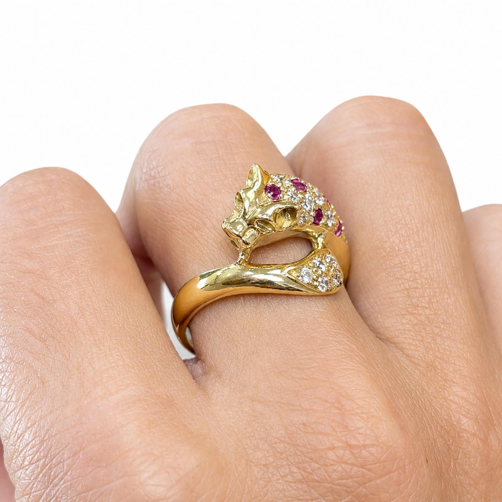 18K Gold Ruby Diamond Panther Ring 0.82CTW Leopard Cat Size 8.25 Estate