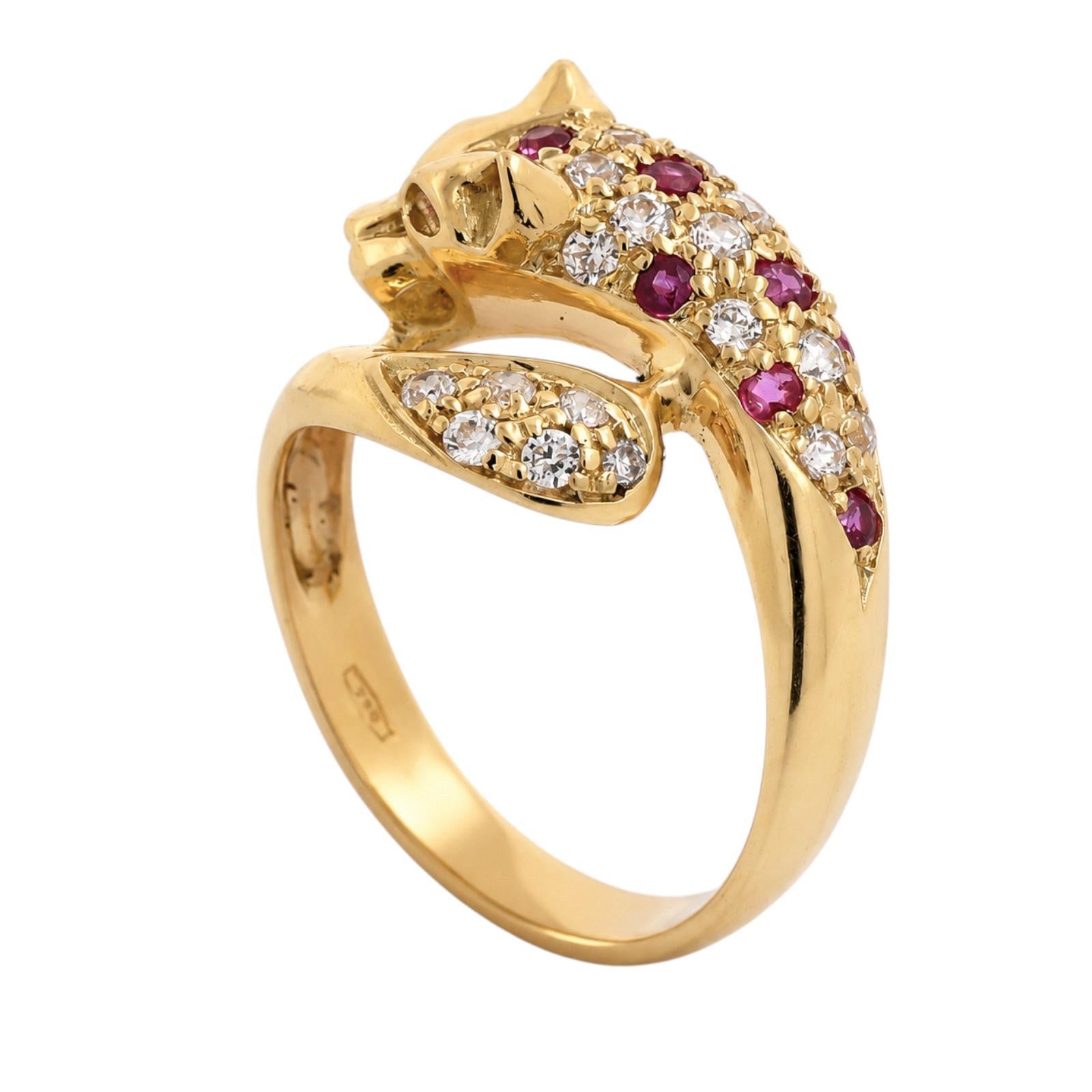 18K Gold Ruby Diamond Panther Ring 0.82CTW Leopard Cat Size 8.25 Estate