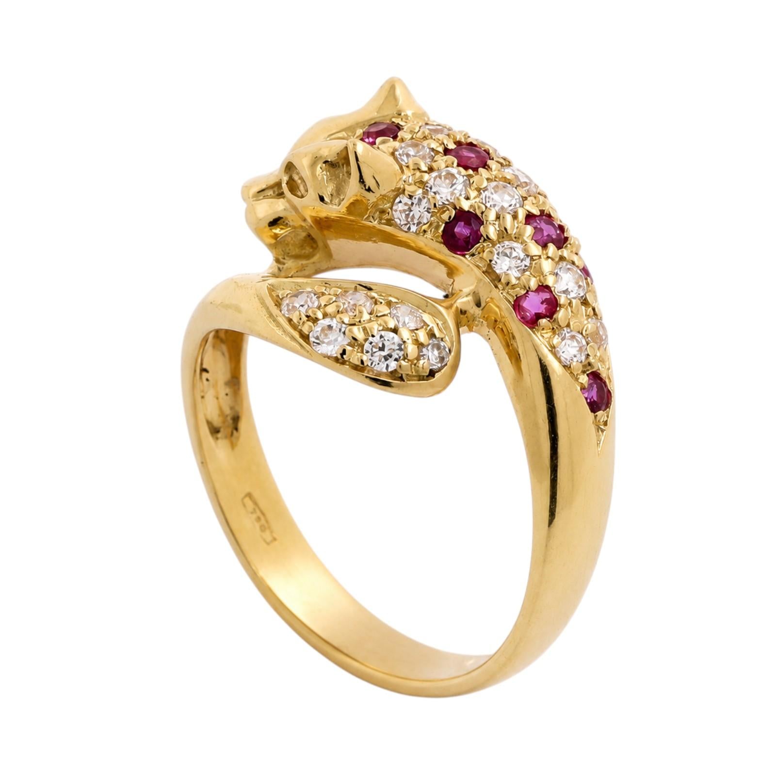 18K Gold Ruby Diamond Panther Ring 0.82CTW Leopard Cat Size 8.25 Estate