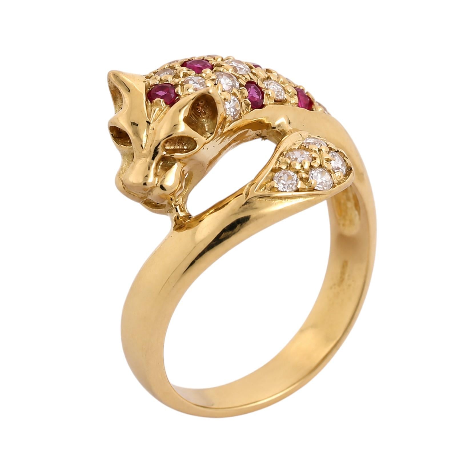 18K Gold Ruby Diamond Panther Ring 0.82CTW Leopard Cat Size 8.25 Estate