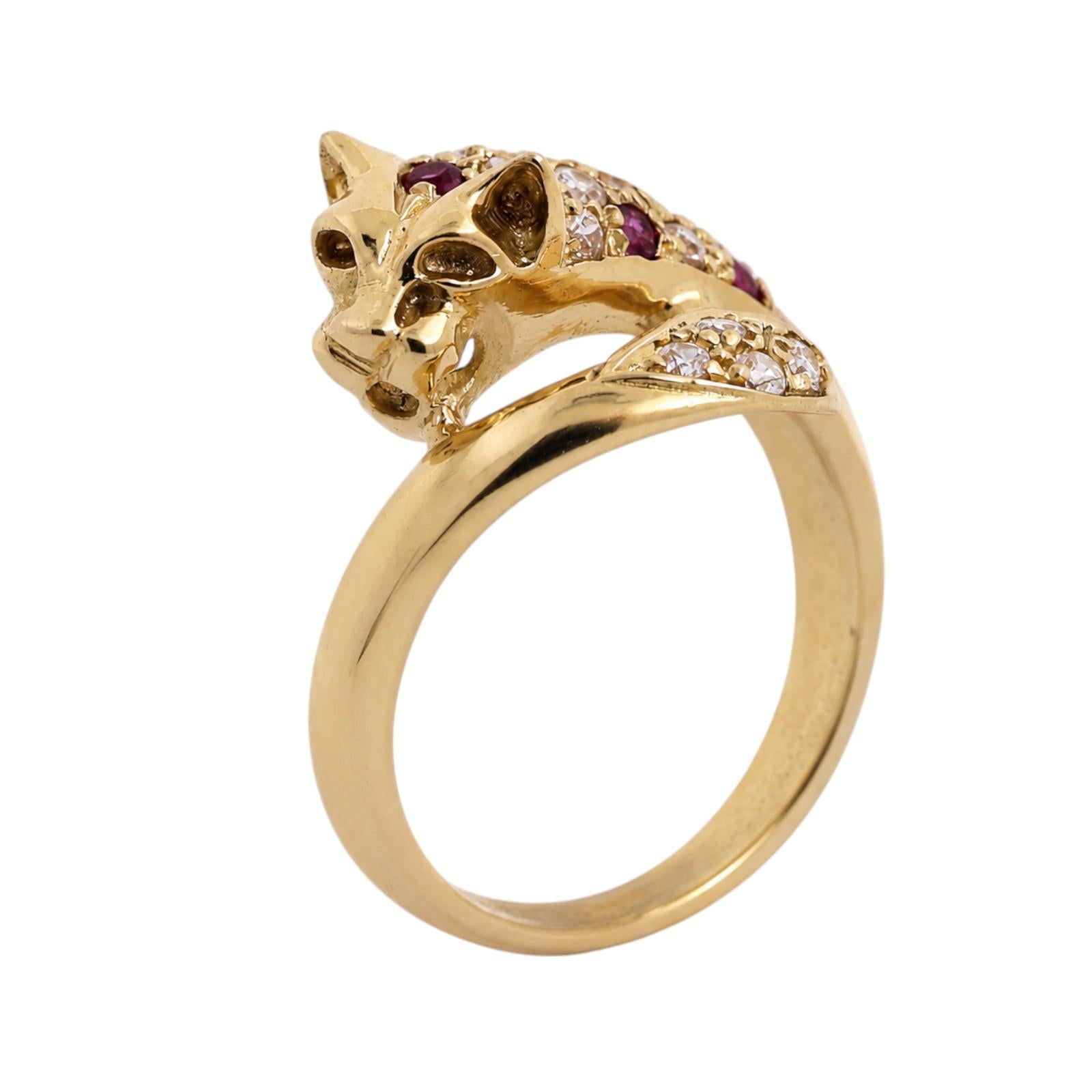 18K Gold Ruby Diamond Panther Ring 0.82CTW Leopard Cat Size 8.25 Estate