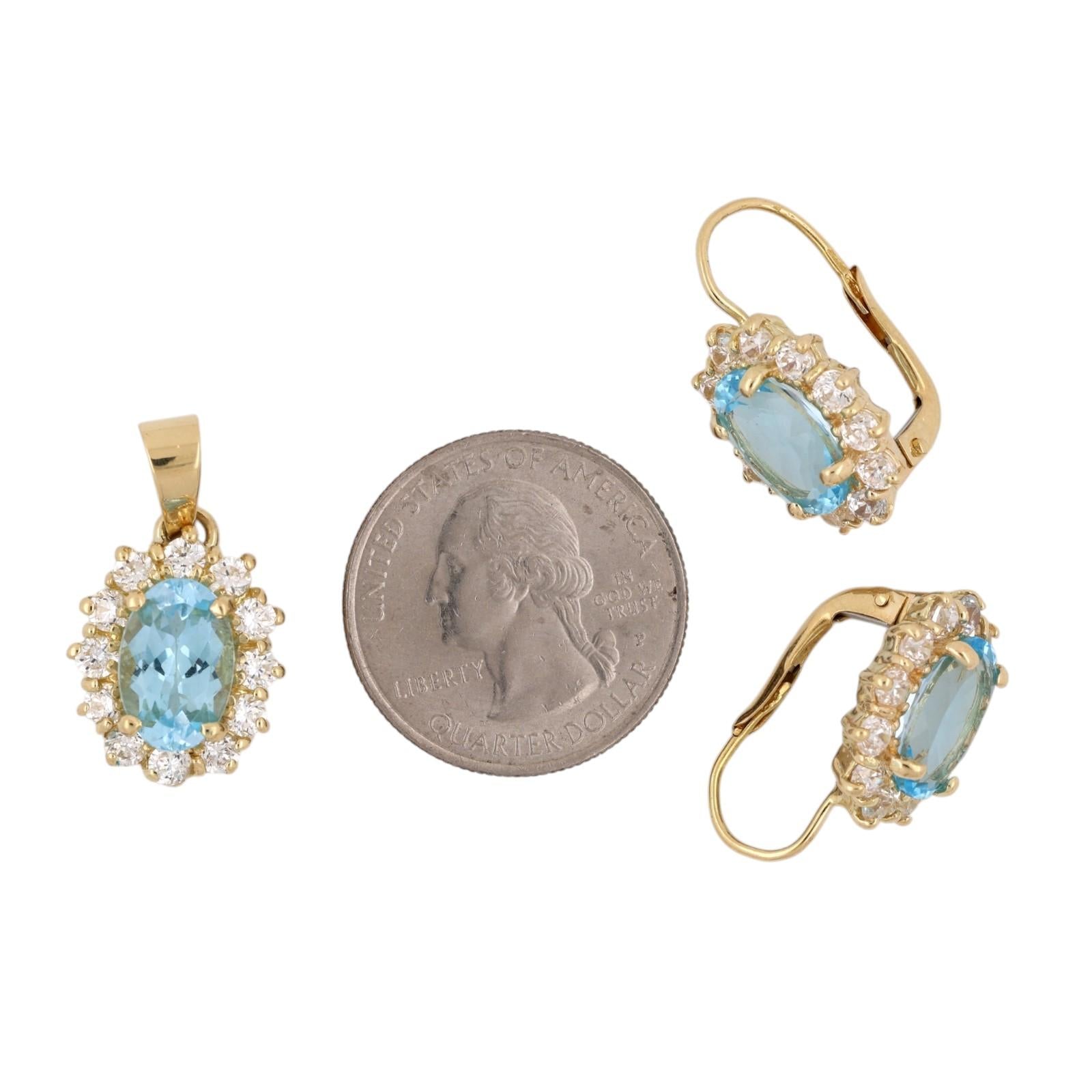 Gold Blue Topaz CZ Halo Pendant Earrings Jewelry Set Estate