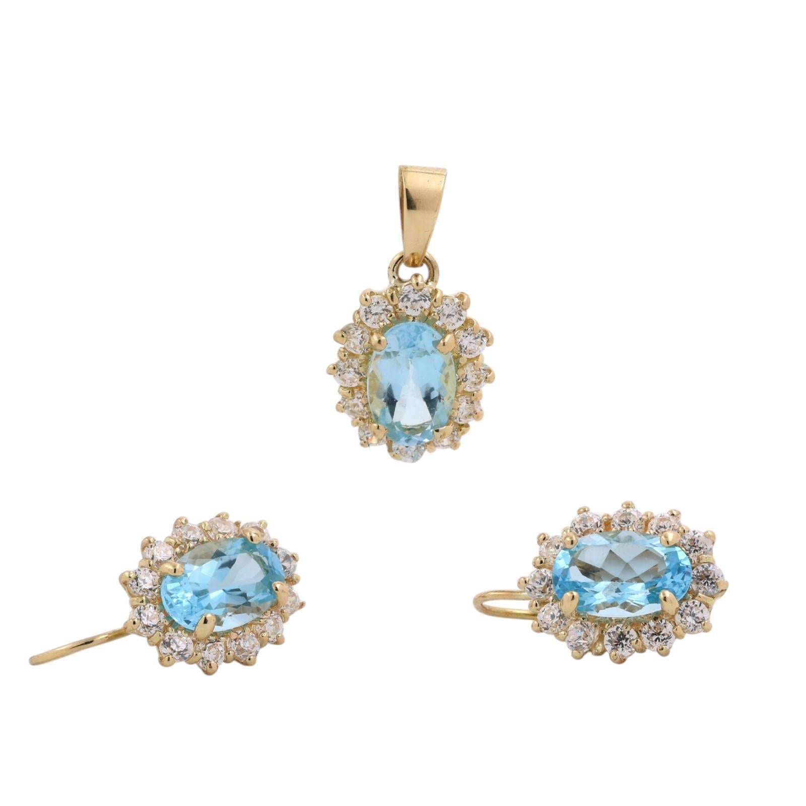 Gold Blue Topaz CZ Halo Pendant Earrings Jewelry Set Estate