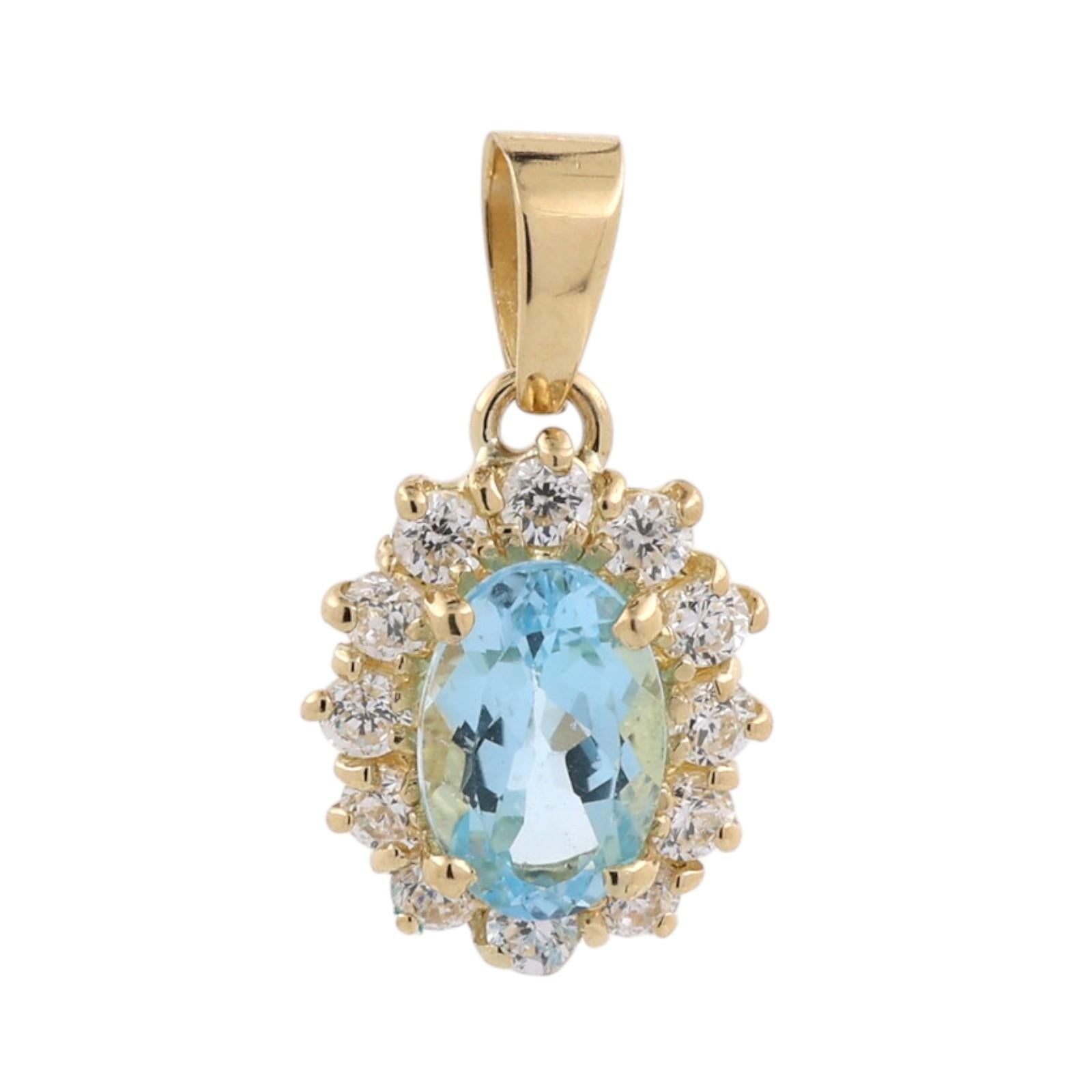 Gold Blue Topaz CZ Halo Pendant Earrings Jewelry Set Estate