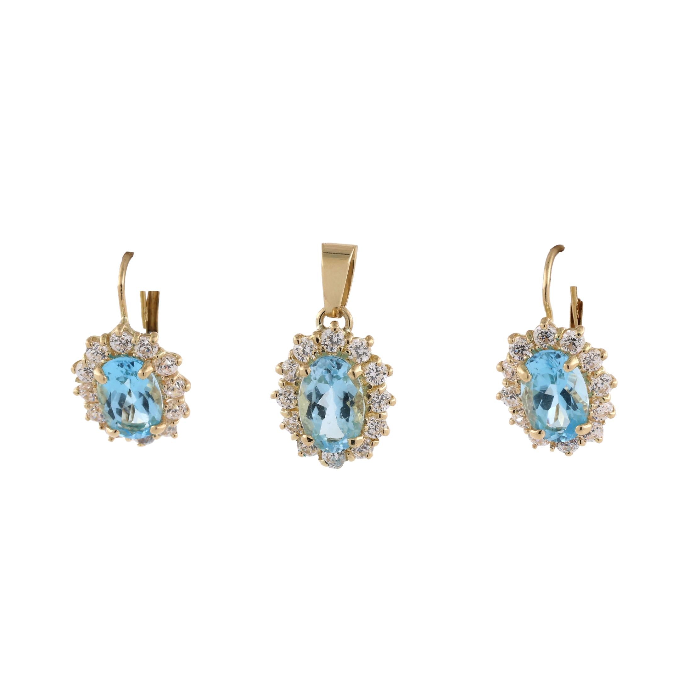Gold Blue Topaz CZ Halo Pendant Earrings Jewelry Set Estate