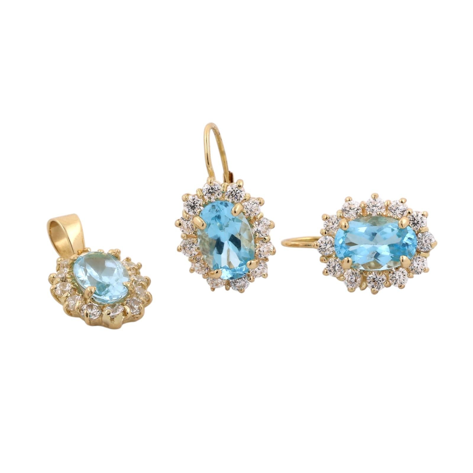 Gold Blue Topaz CZ Halo Pendant Earrings Jewelry Set Estate