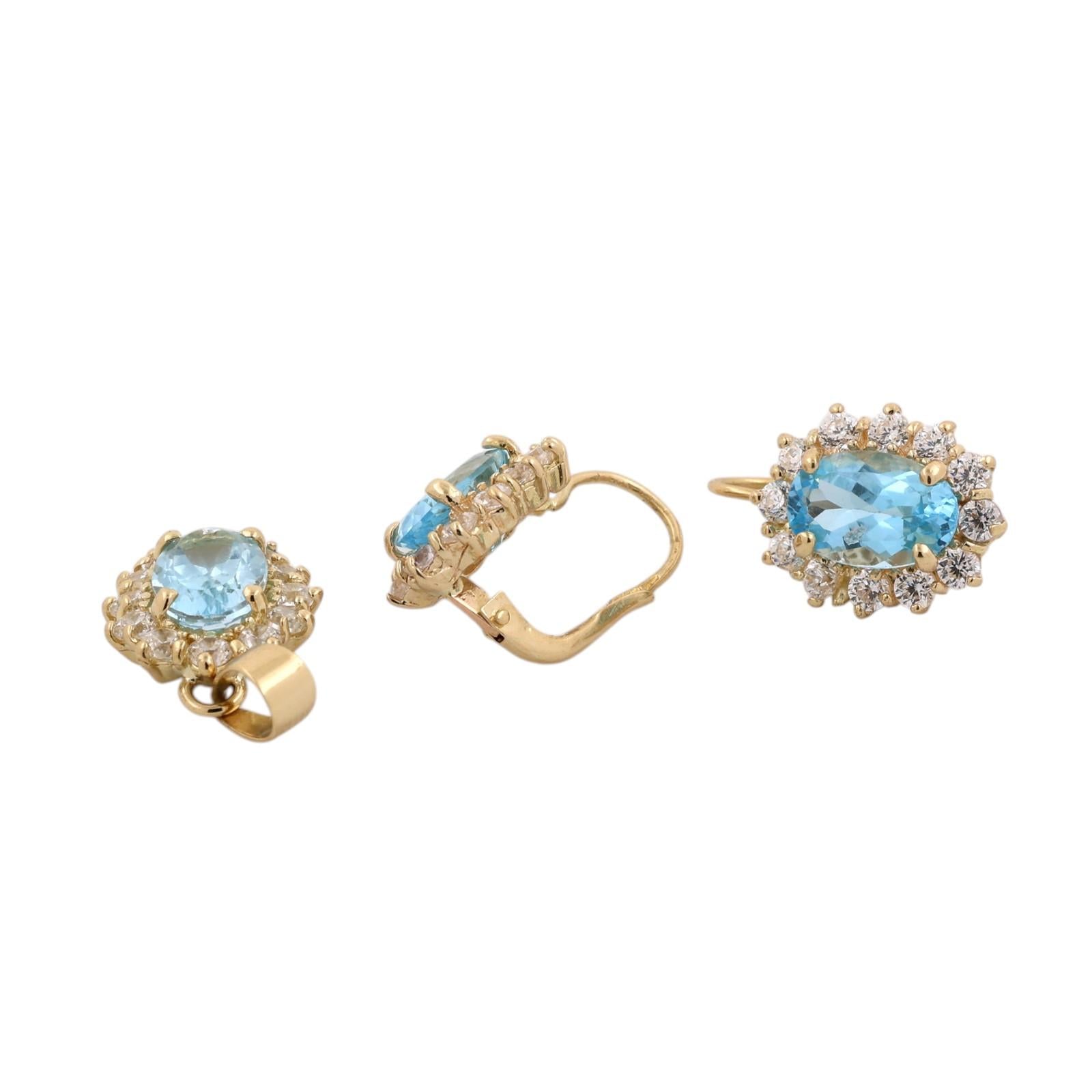 Gold Blue Topaz CZ Halo Pendant Earrings Jewelry Set Estate