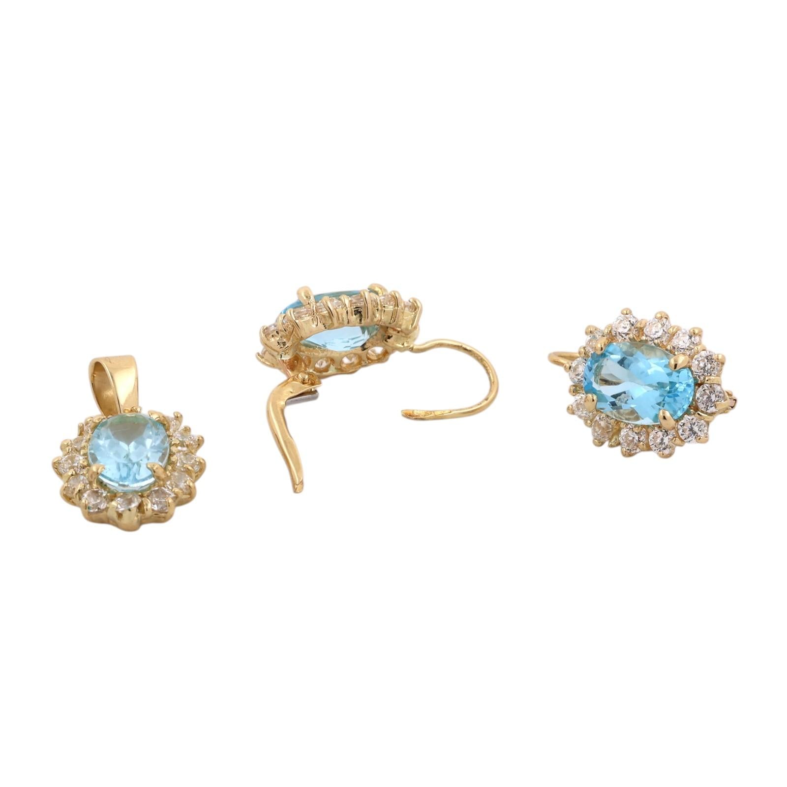 Gold Blue Topaz CZ Halo Pendant Earrings Jewelry Set Estate