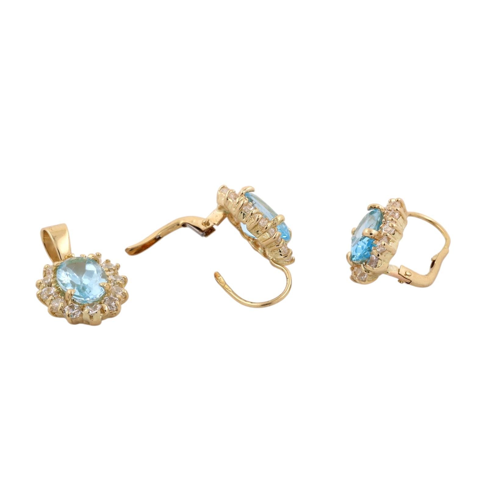 Gold Blue Topaz CZ Halo Pendant Earrings Jewelry Set Estate