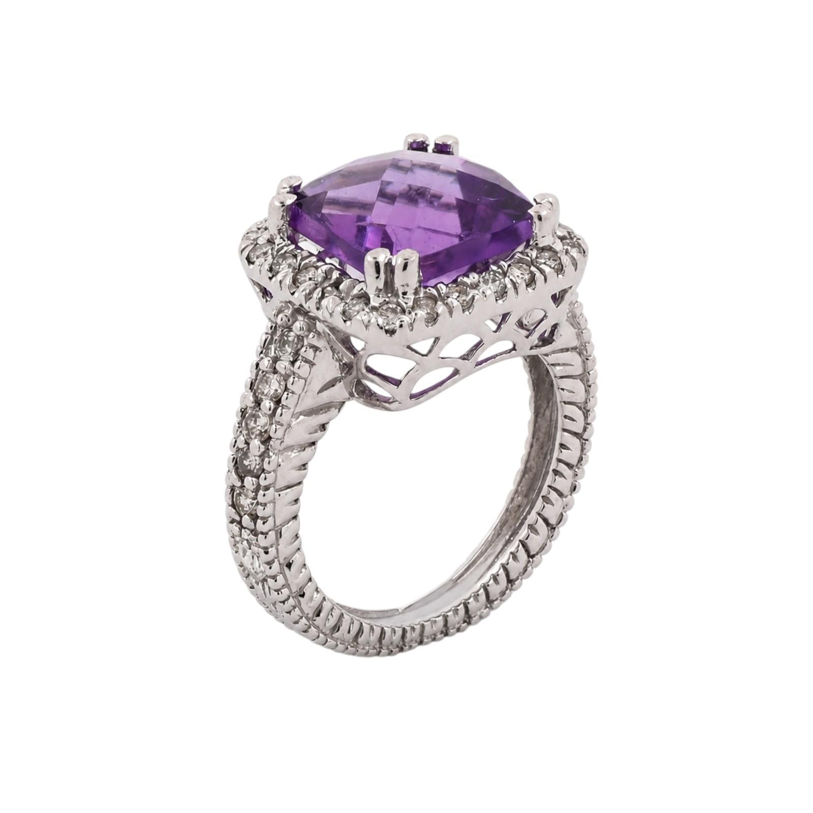 14K White Gold 4.10CTW Cushion Cut Amethyst Diamond Halo Ring Size 5