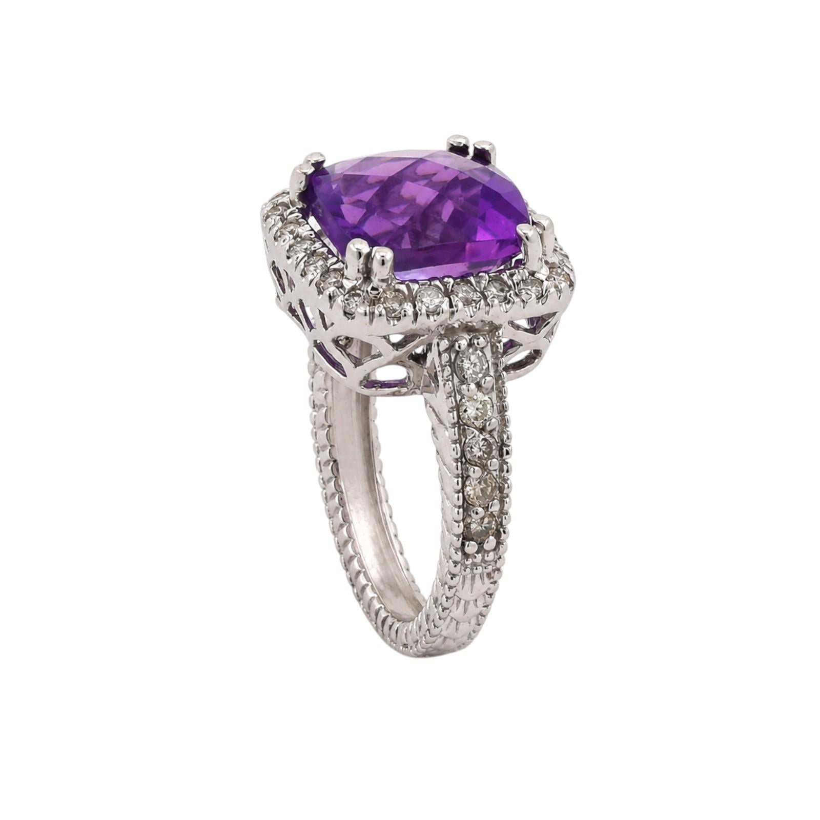 14K White Gold 4.10CTW Cushion Cut Amethyst Diamond Halo Ring Size 5