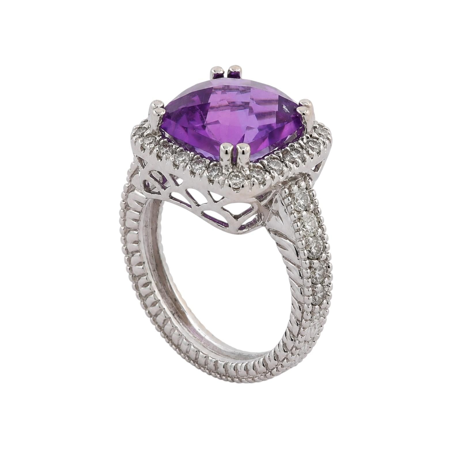 14K White Gold 4.10CTW Cushion Cut Amethyst Diamond Halo Ring Size 5