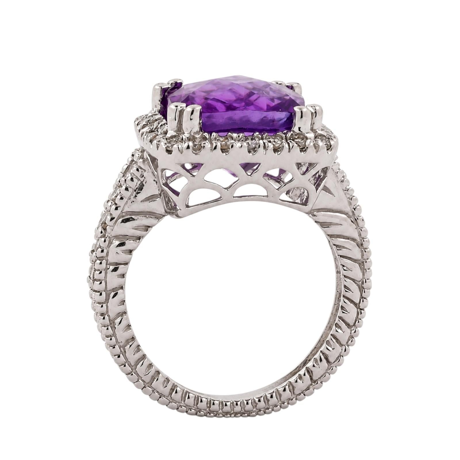 14K White Gold 4.10CTW Cushion Cut Amethyst Diamond Halo Ring Size 5
