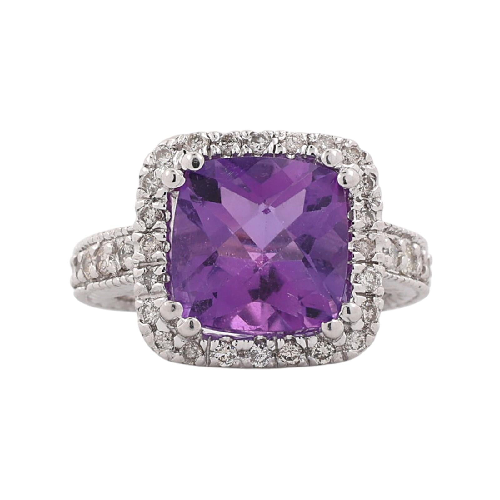 14K White Gold 4.10CTW Cushion Cut Amethyst Diamond Halo Ring Size 5