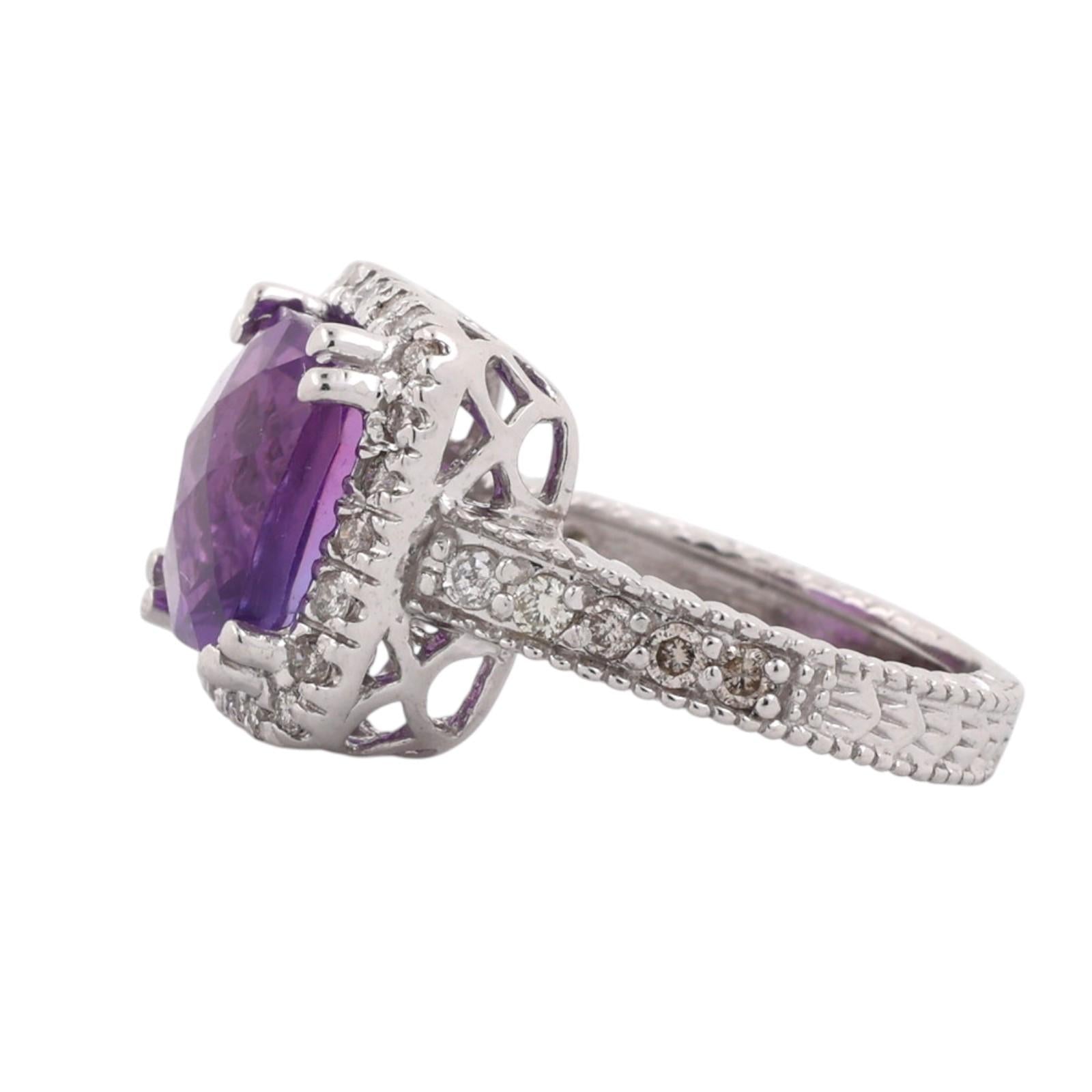 14K White Gold 4.10CTW Cushion Cut Amethyst Diamond Halo Ring Size 5