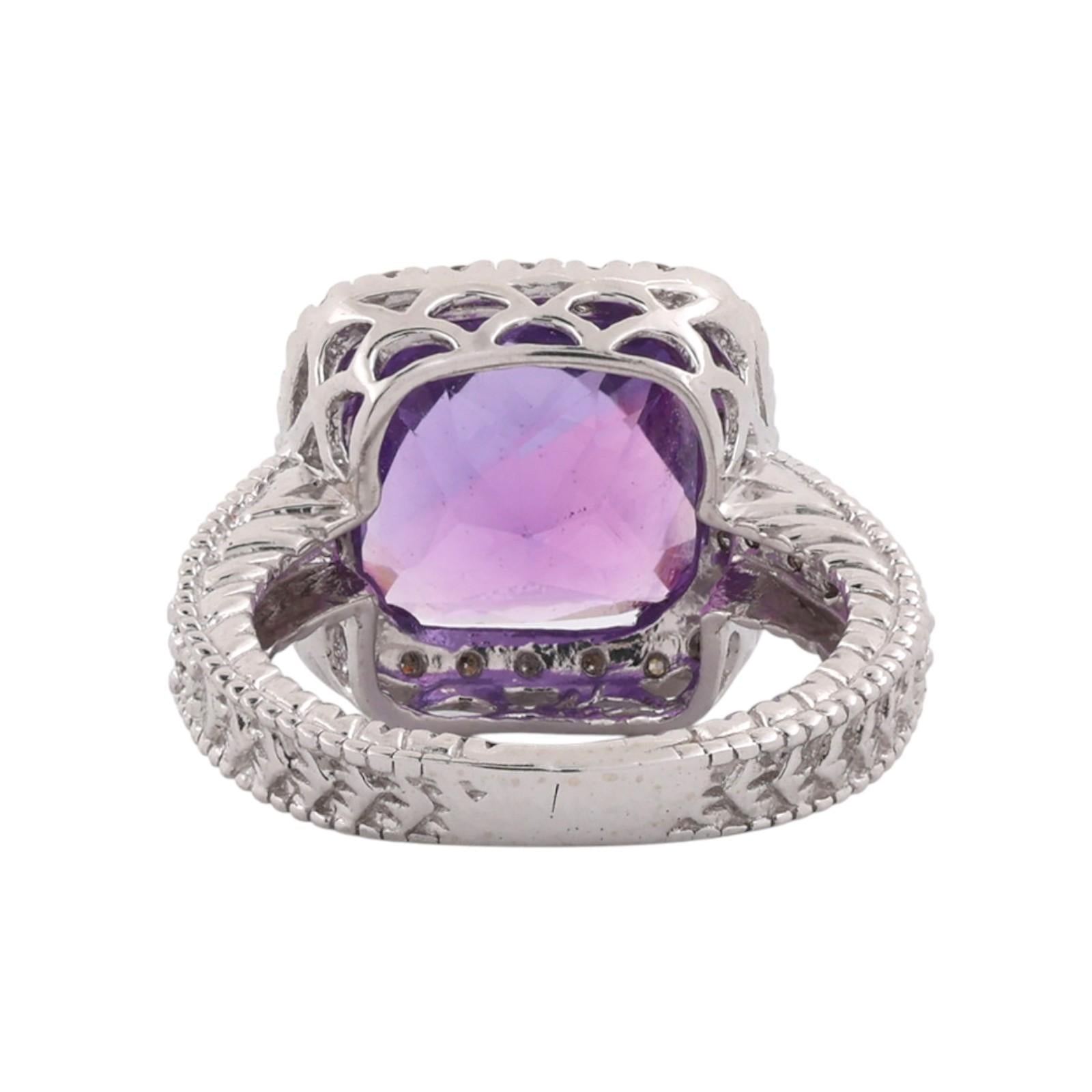 14K White Gold 4.10CTW Cushion Cut Amethyst Diamond Halo Ring Size 5