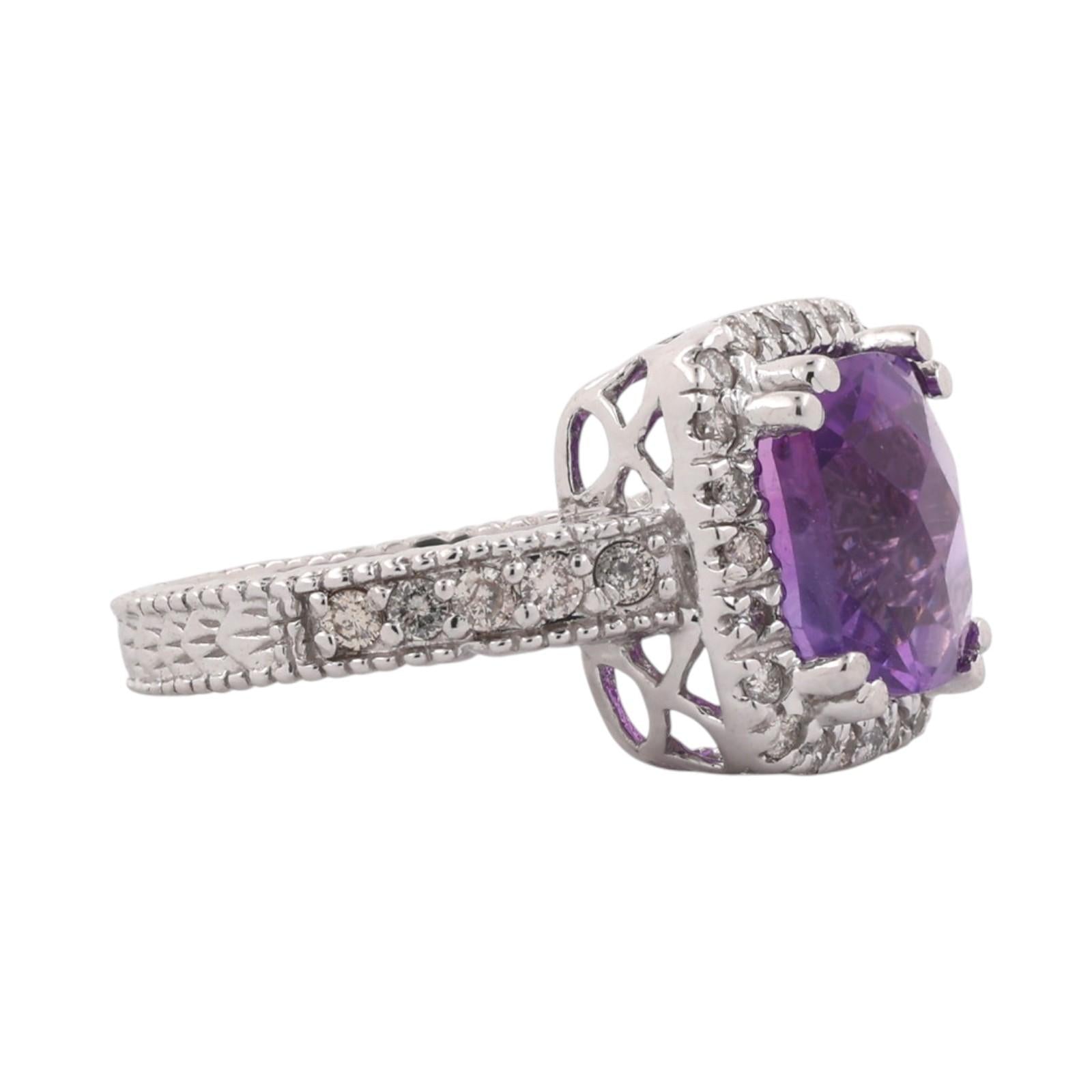 14K White Gold 4.10CTW Cushion Cut Amethyst Diamond Halo Ring Size 5