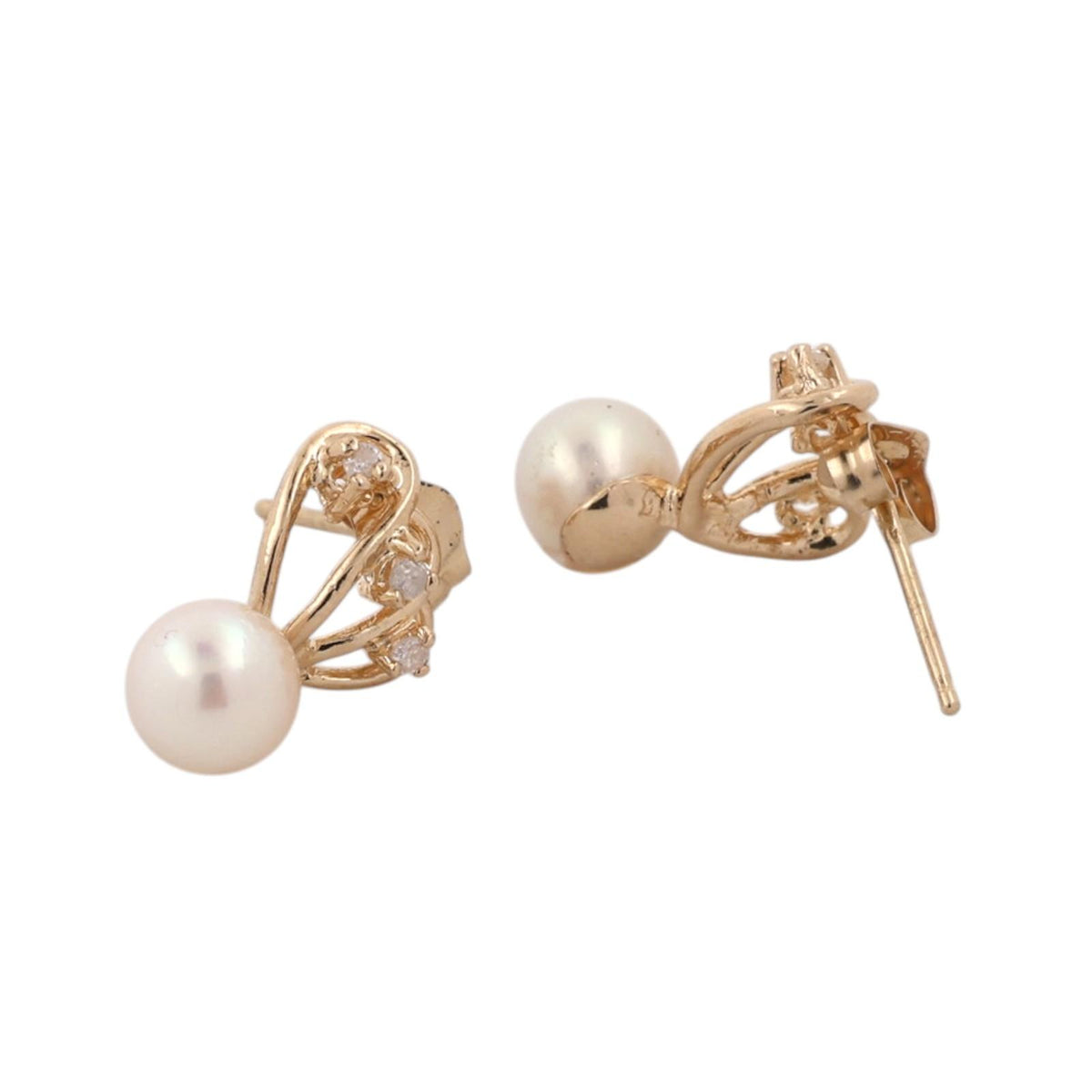 Akoya Pearl Diamond Stud Earrings 14K Yellow Gold 0.06 CTW 5.6 mm Estate