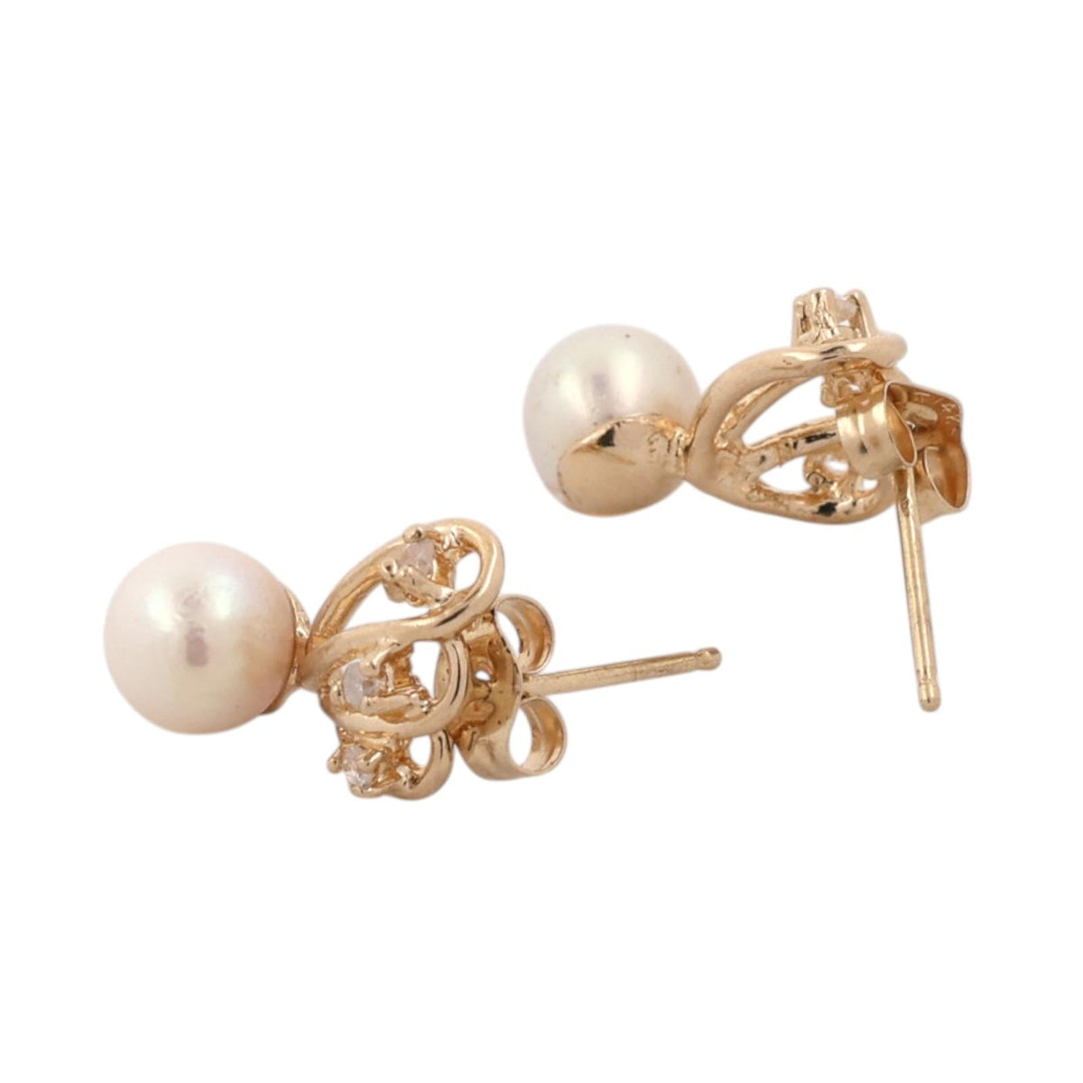 Akoya Pearl Diamond Stud Earrings 14K Yellow Gold 0.06 CTW 5.6 mm Estate