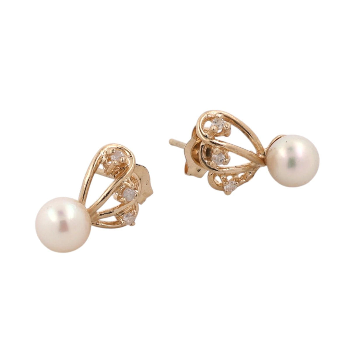 Akoya Pearl Diamond Stud Earrings 14K Yellow Gold 0.06 CTW 5.6 mm Estate
