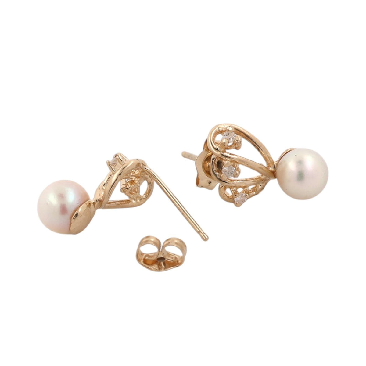 Akoya Pearl Diamond Stud Earrings 14K Yellow Gold 0.06 CTW 5.6 mm Estate