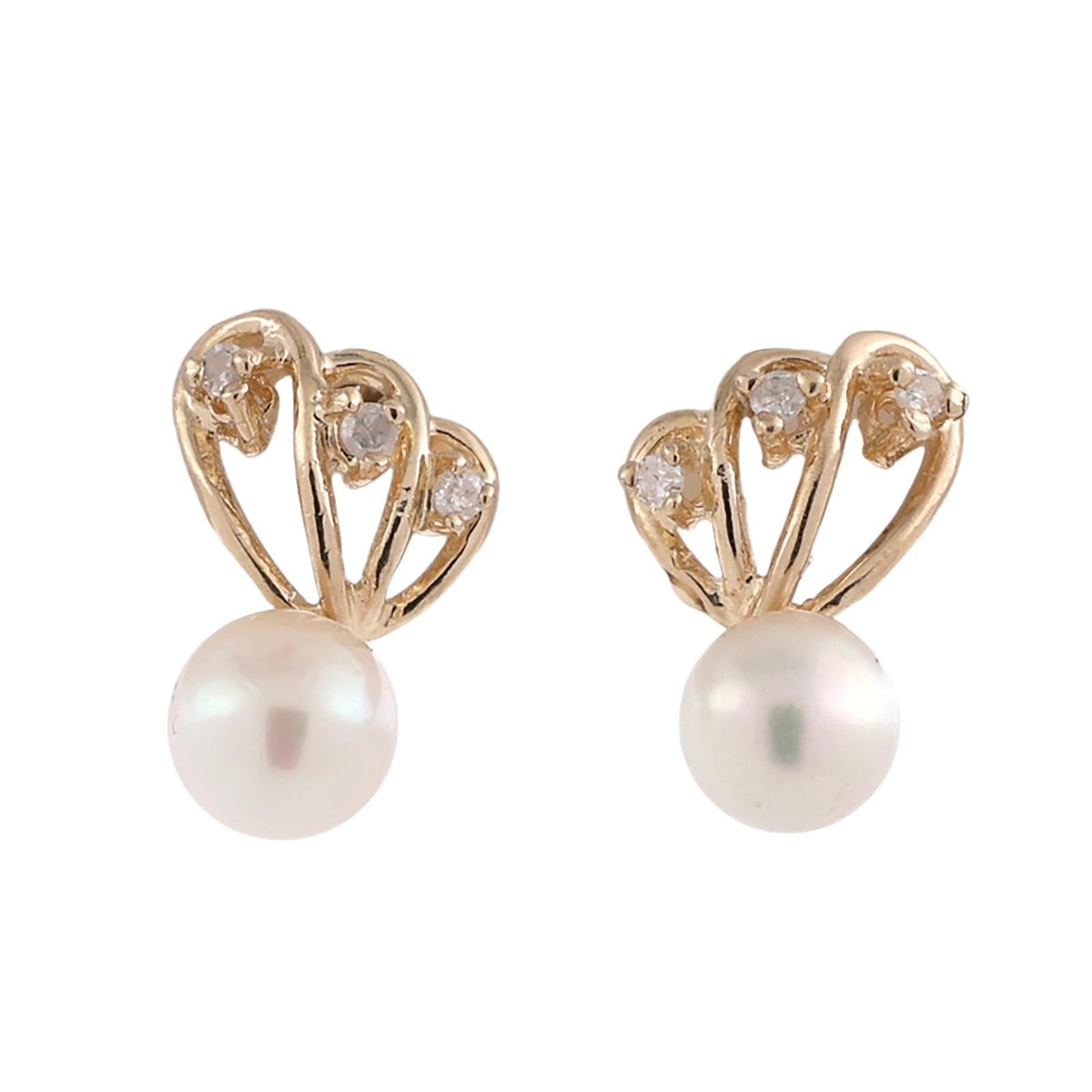 Akoya Pearl Diamond Stud Earrings 14K Yellow Gold 0.06 CTW 5.6 mm Estate