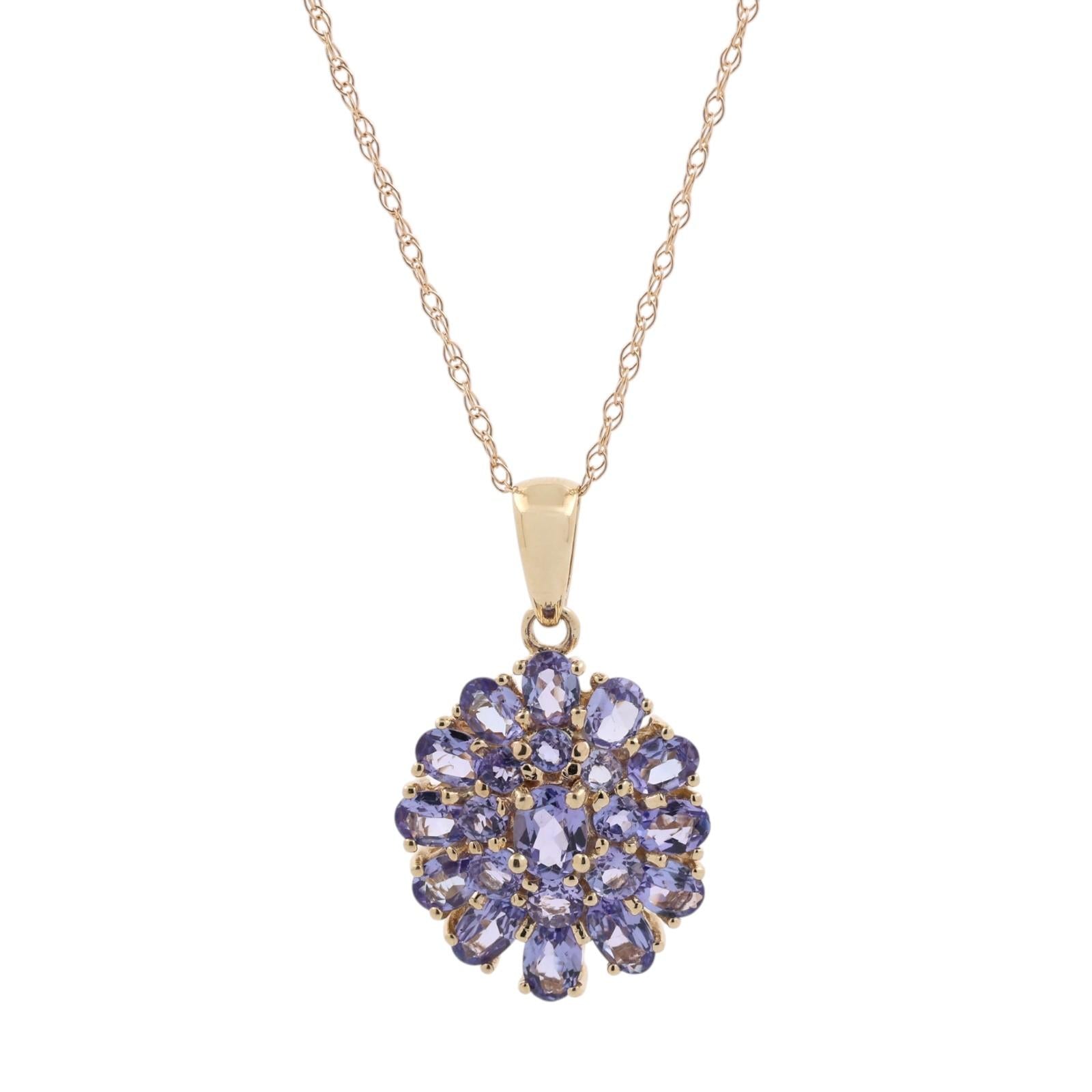14K Gold 2.35CTW Tanzanite Cluster Pendant Chain Necklace 18" Estate Hong Kong