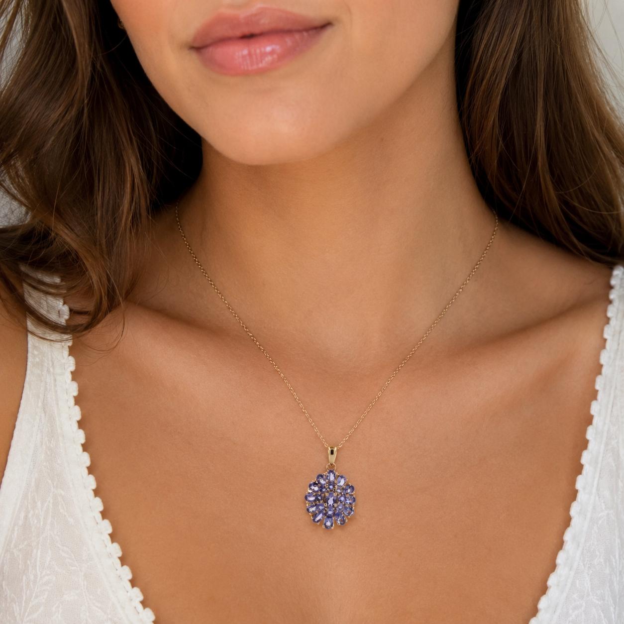 14K Gold 2.35CTW Tanzanite Cluster Pendant Chain Necklace 18" Estate Hong Kong