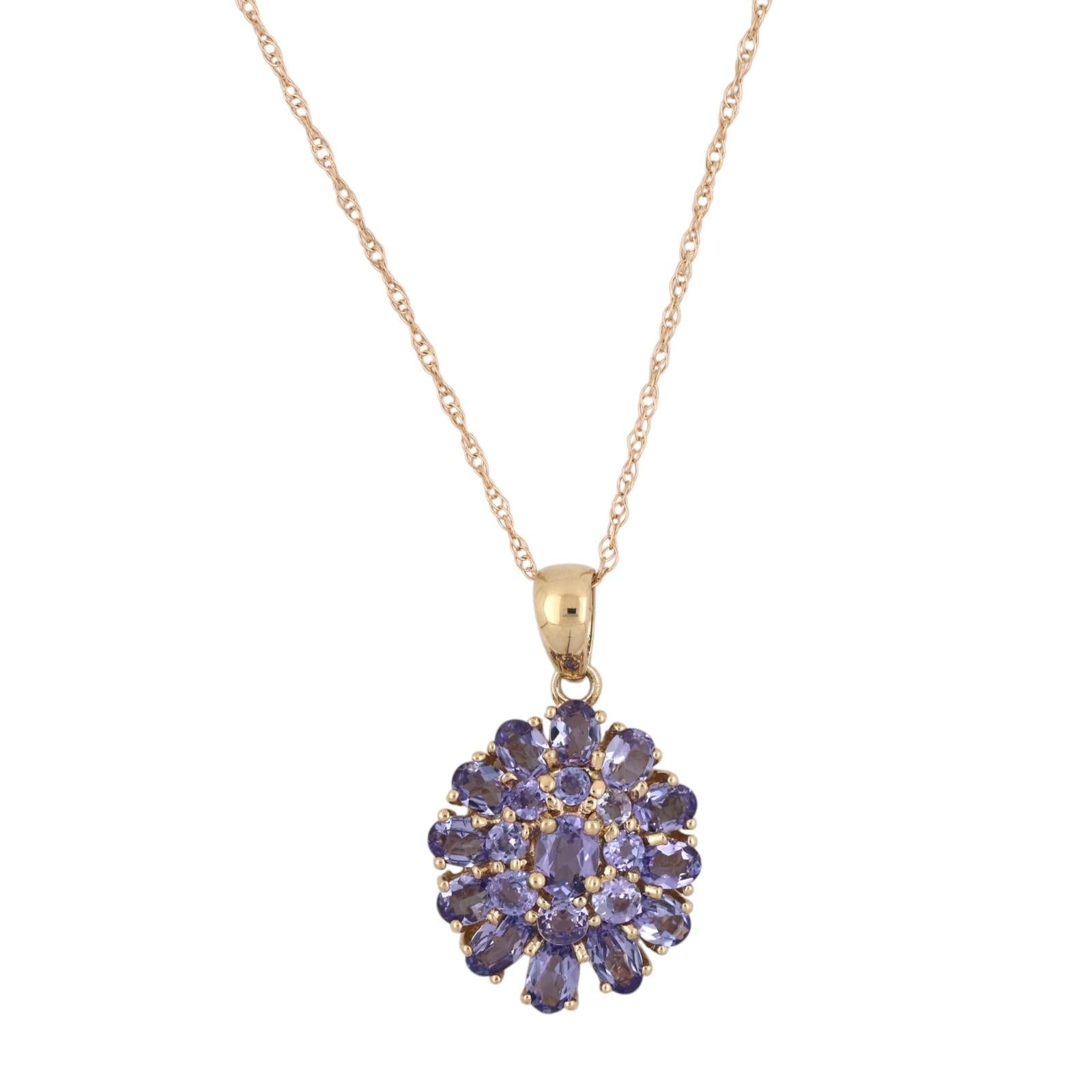 14K Gold 2.35CTW Tanzanite Cluster Pendant Chain Necklace 18" Estate Hong Kong