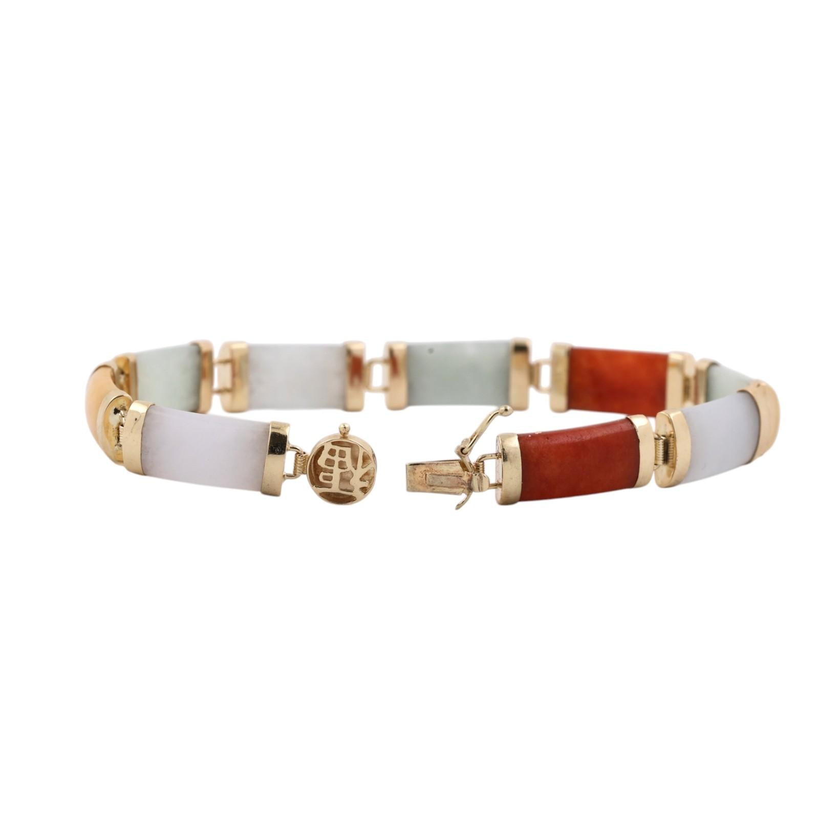 14K Gold Multi Color Jadeite Link Bracelet 6.75" Box Clasp Estate 585