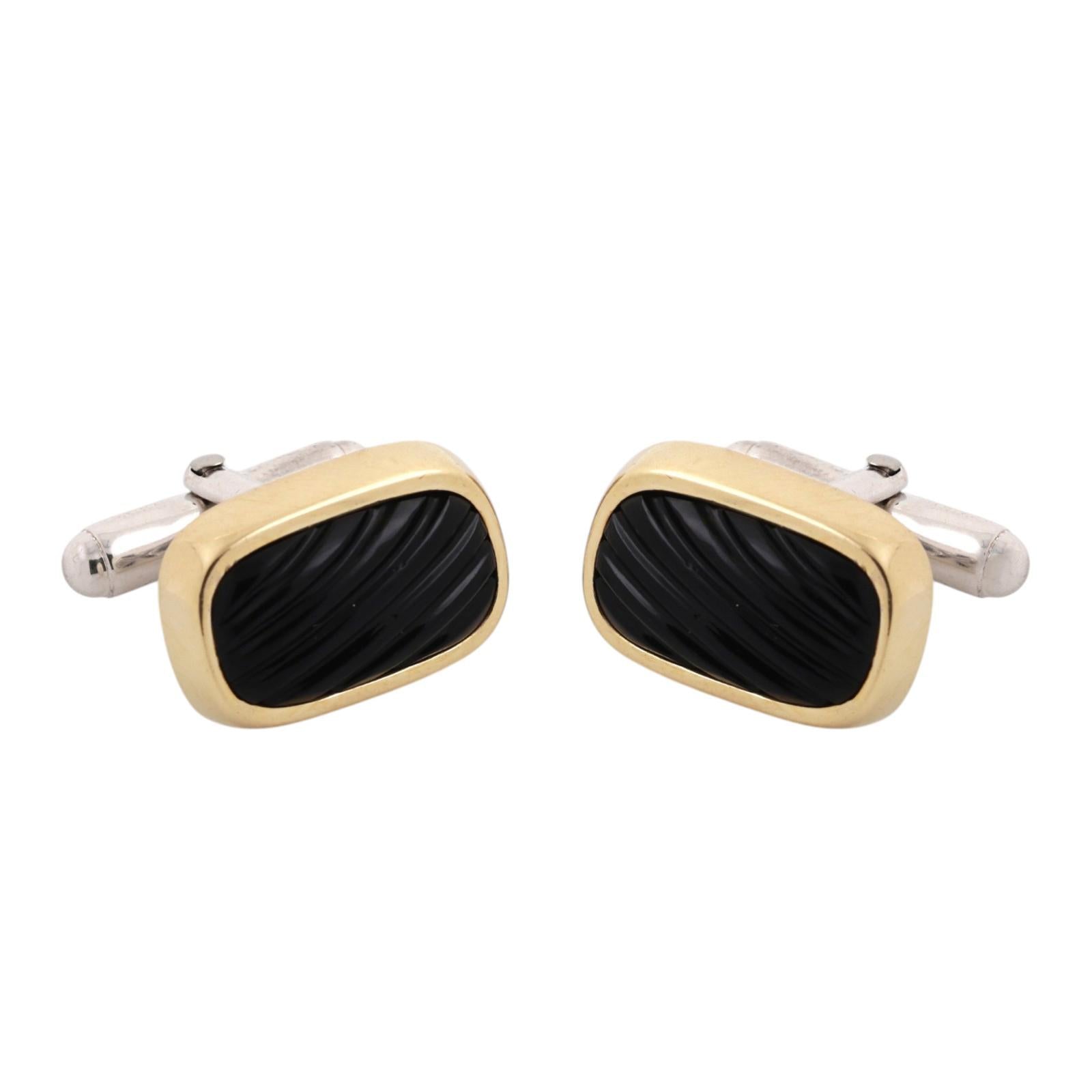 David Yurman Sterling Silver 18K Gold Black Onyx Cufflinks DY Estate