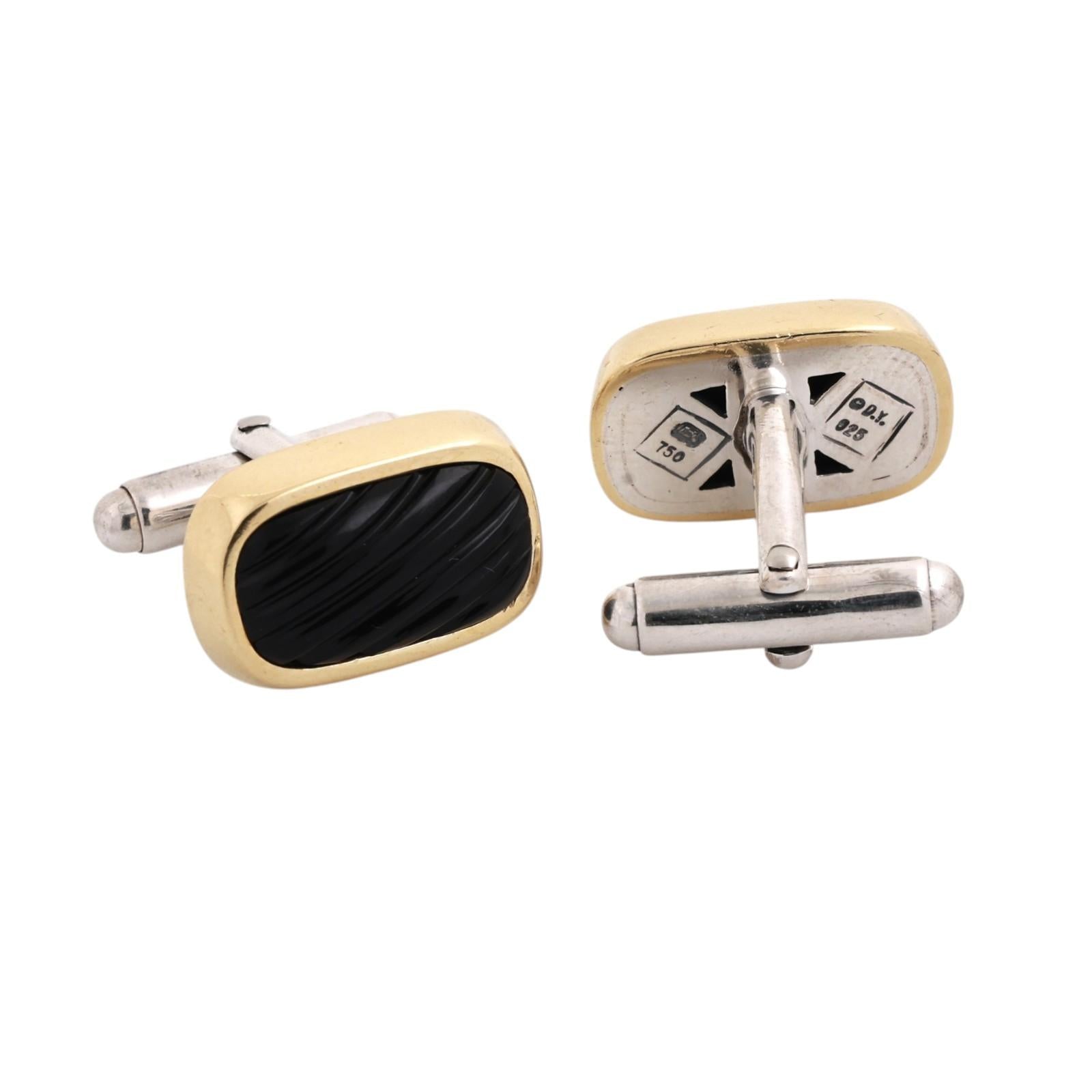 David Yurman Sterling Silver 18K Gold Black Onyx Cufflinks DY Estate