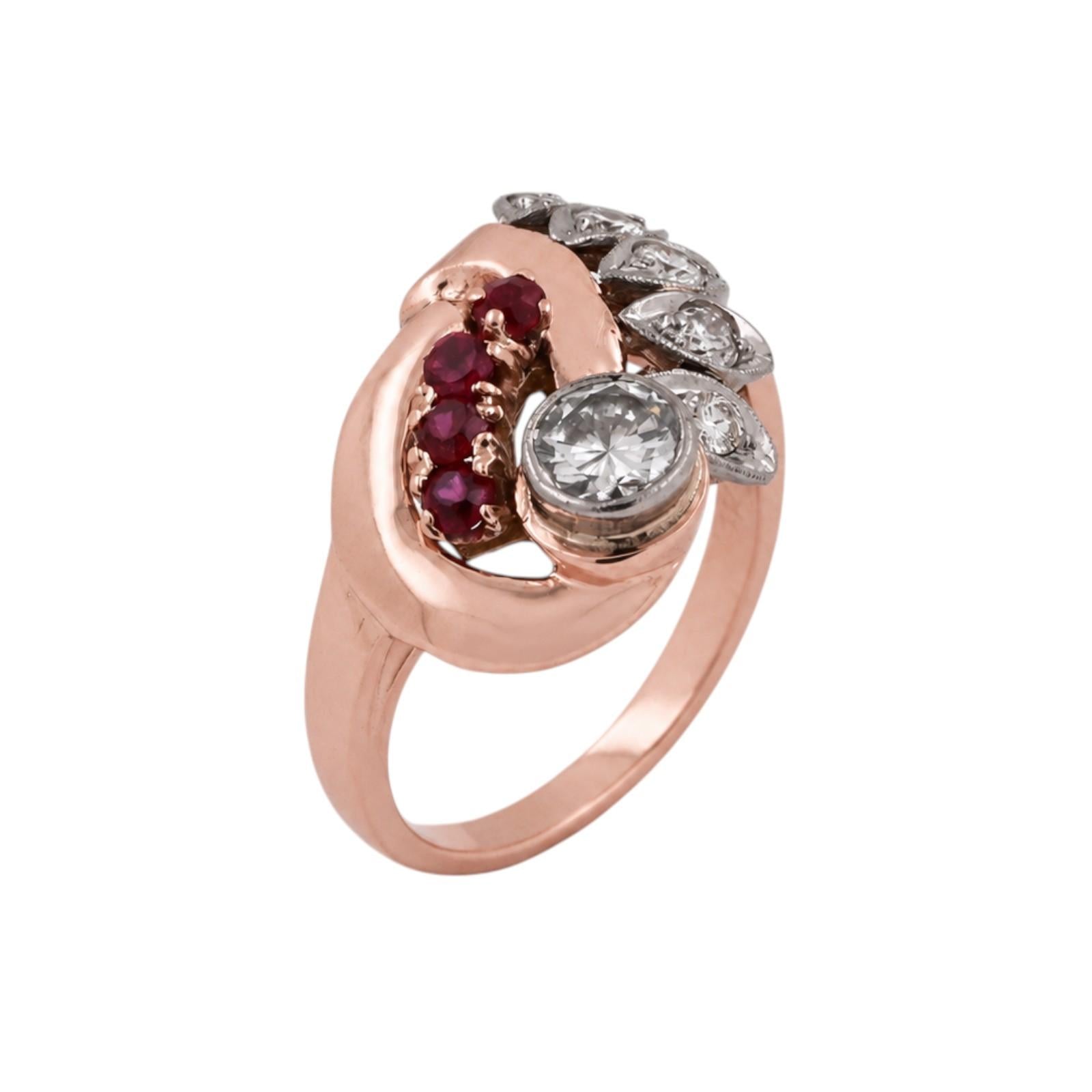 1940s Retro Vintage Diamond & Lab Grown Ruby Cocktail Ring Two Tone Gold Size 6