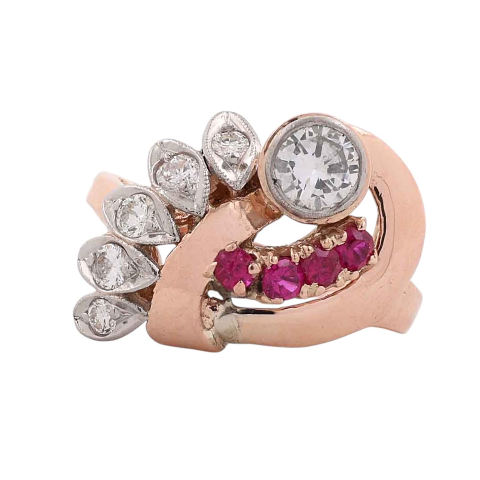 1940s Retro Vintage Diamond & Lab Grown Ruby Cocktail Ring Two Tone Gold Size 6