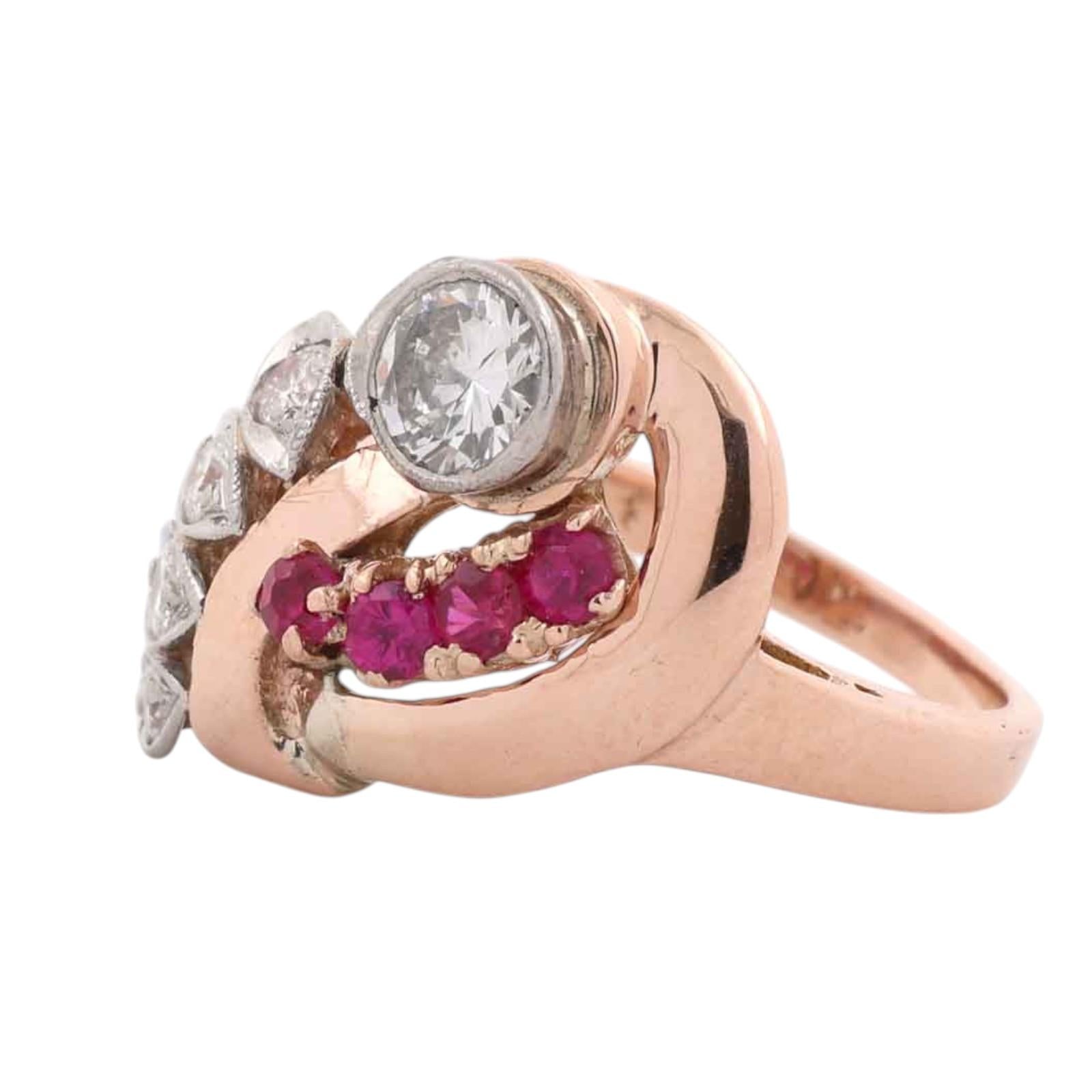 1940s Retro Vintage Diamond & Lab Grown Ruby Cocktail Ring Two Tone Gold Size 6